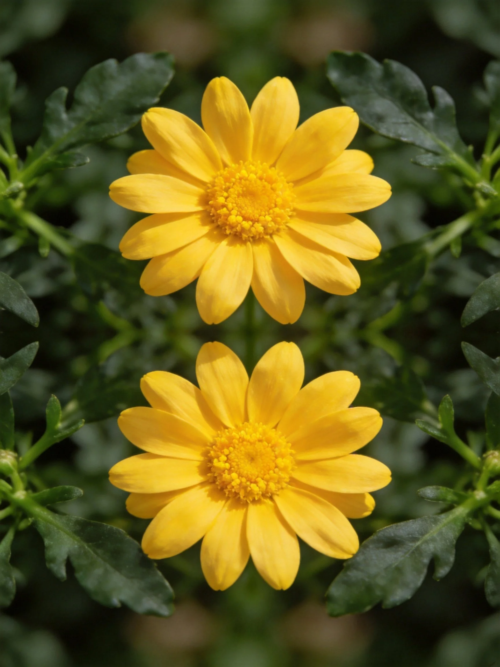 Two bright yellow flowers are arranged symmetrically among green foliage.