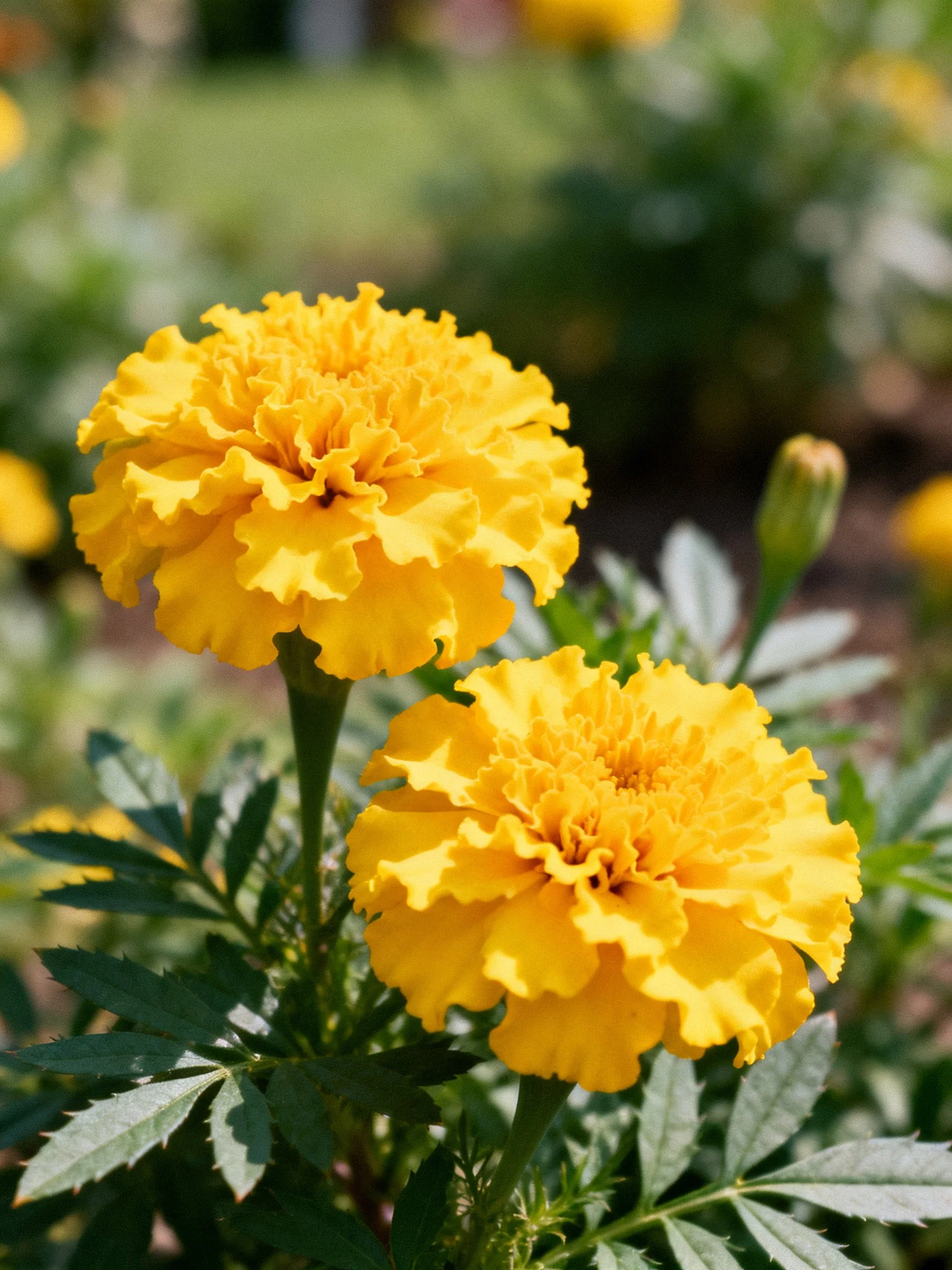 Two bright yellow marigold blooms with ruffled petals