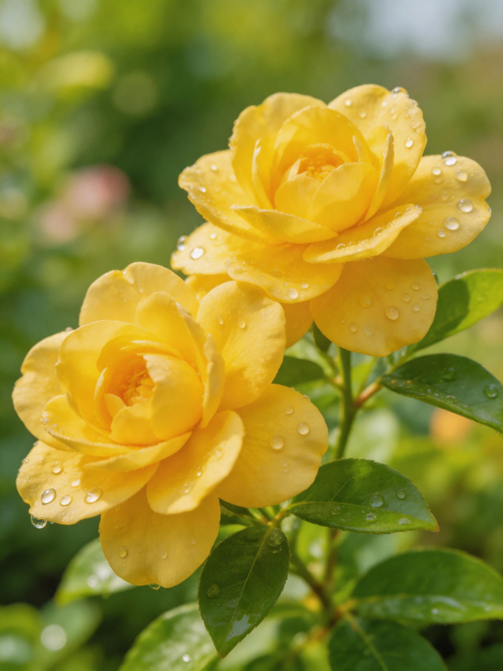 Two bright yellow roses with dewdrops on petals