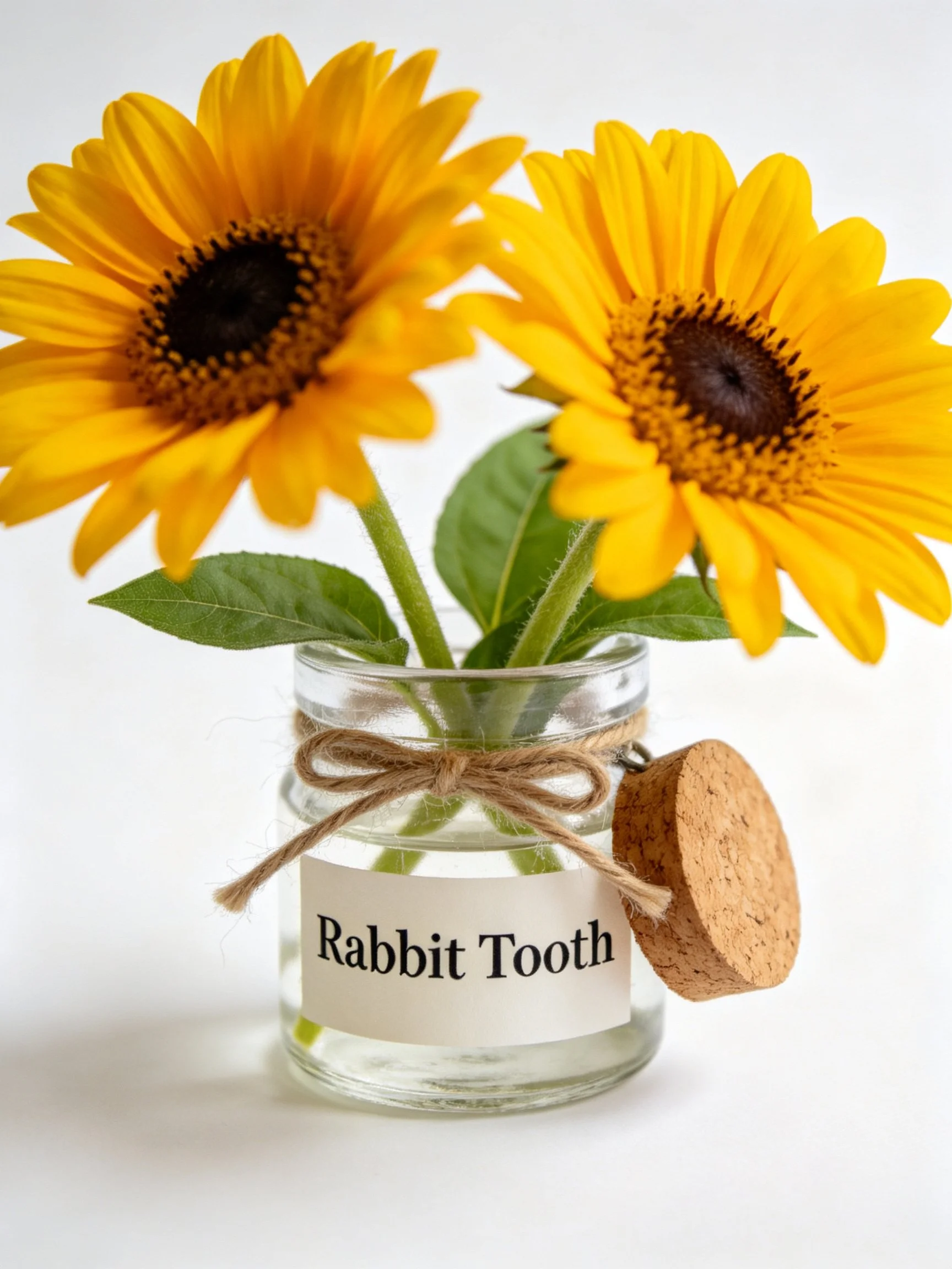 Two bright yellow sunflowers in a labeled glass jar