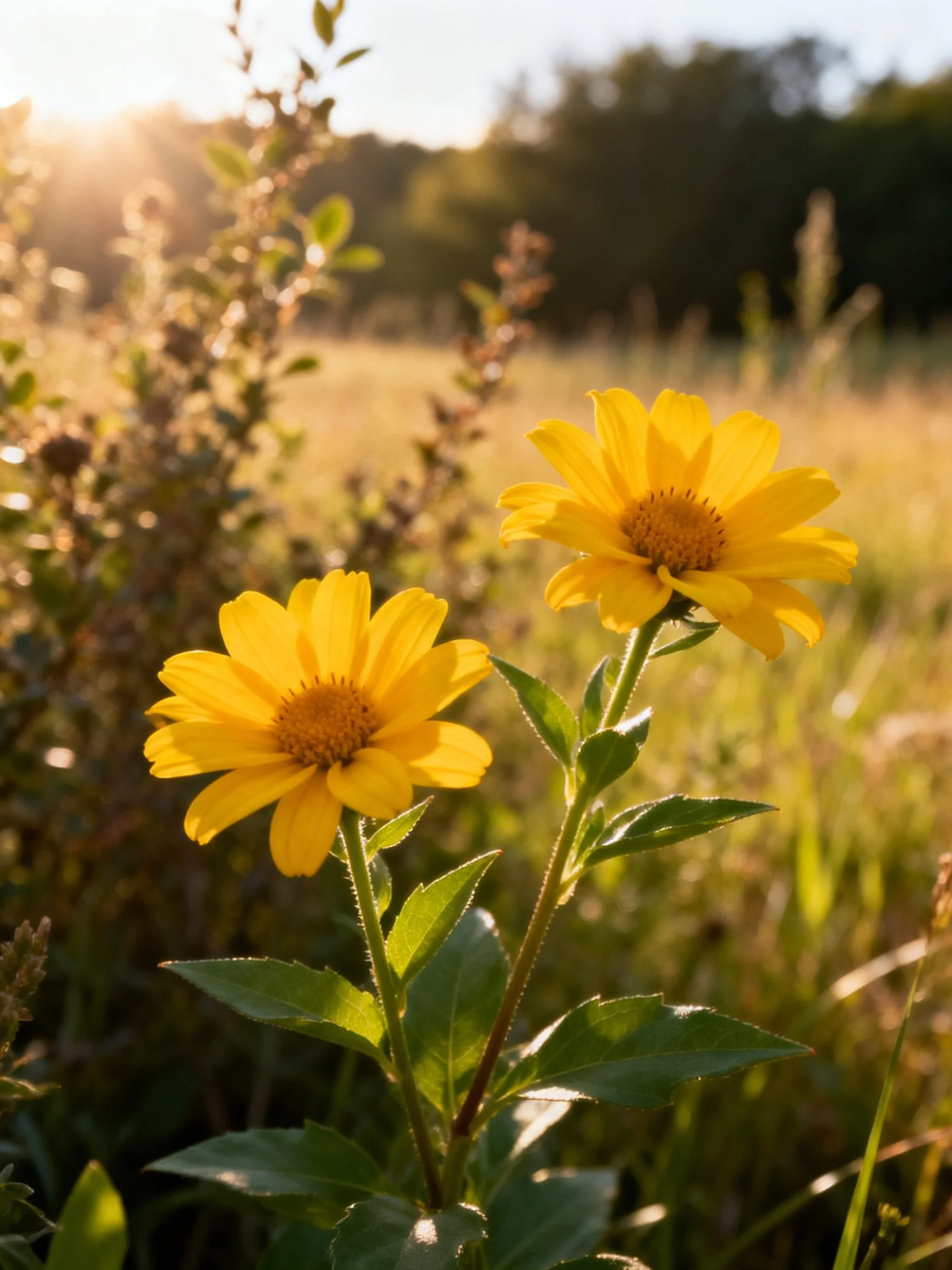 Two bright yellow wildflowers bloom in a sunlit meadow