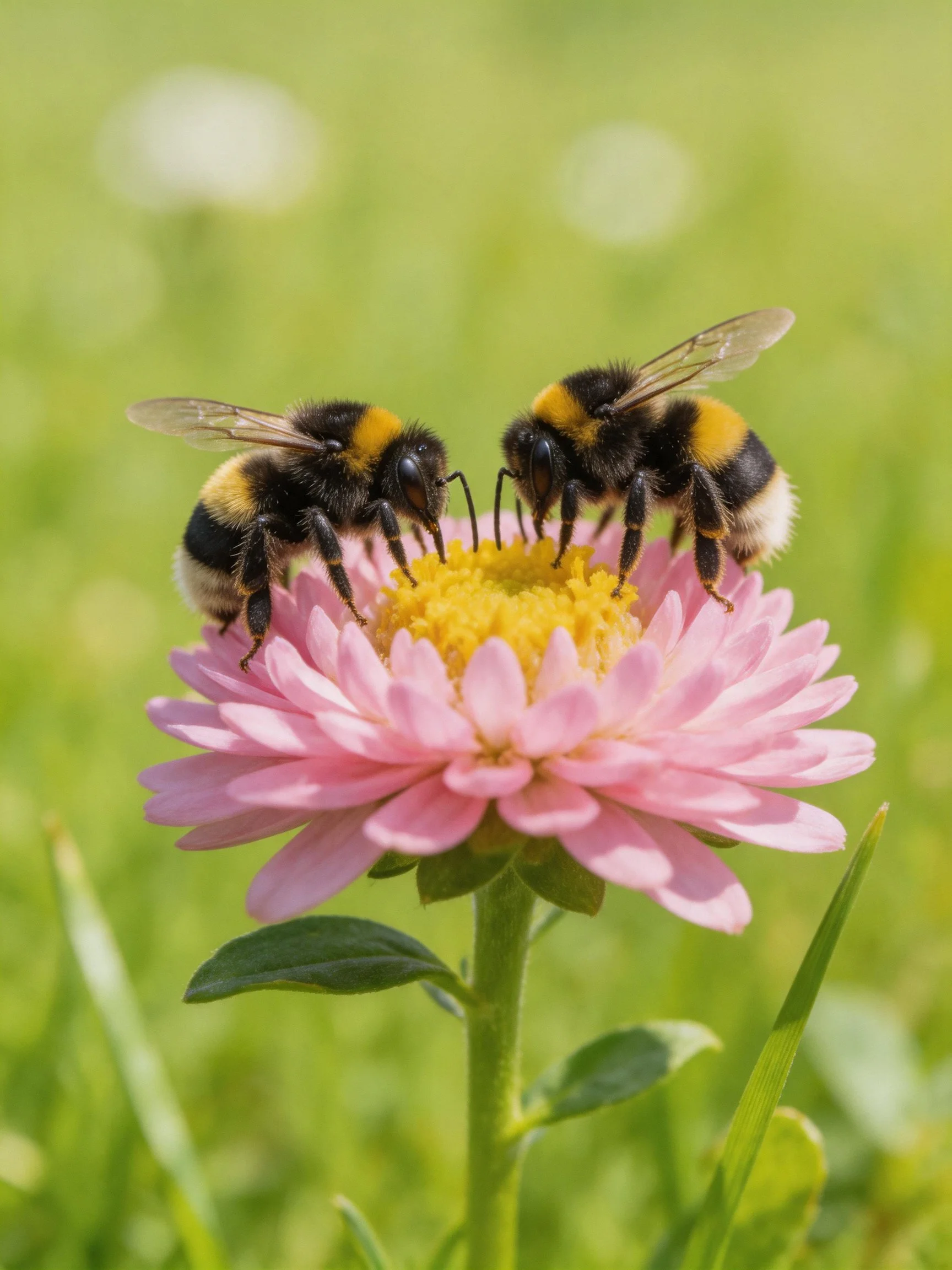 Two bumblebees gathering nectar from a pink flower