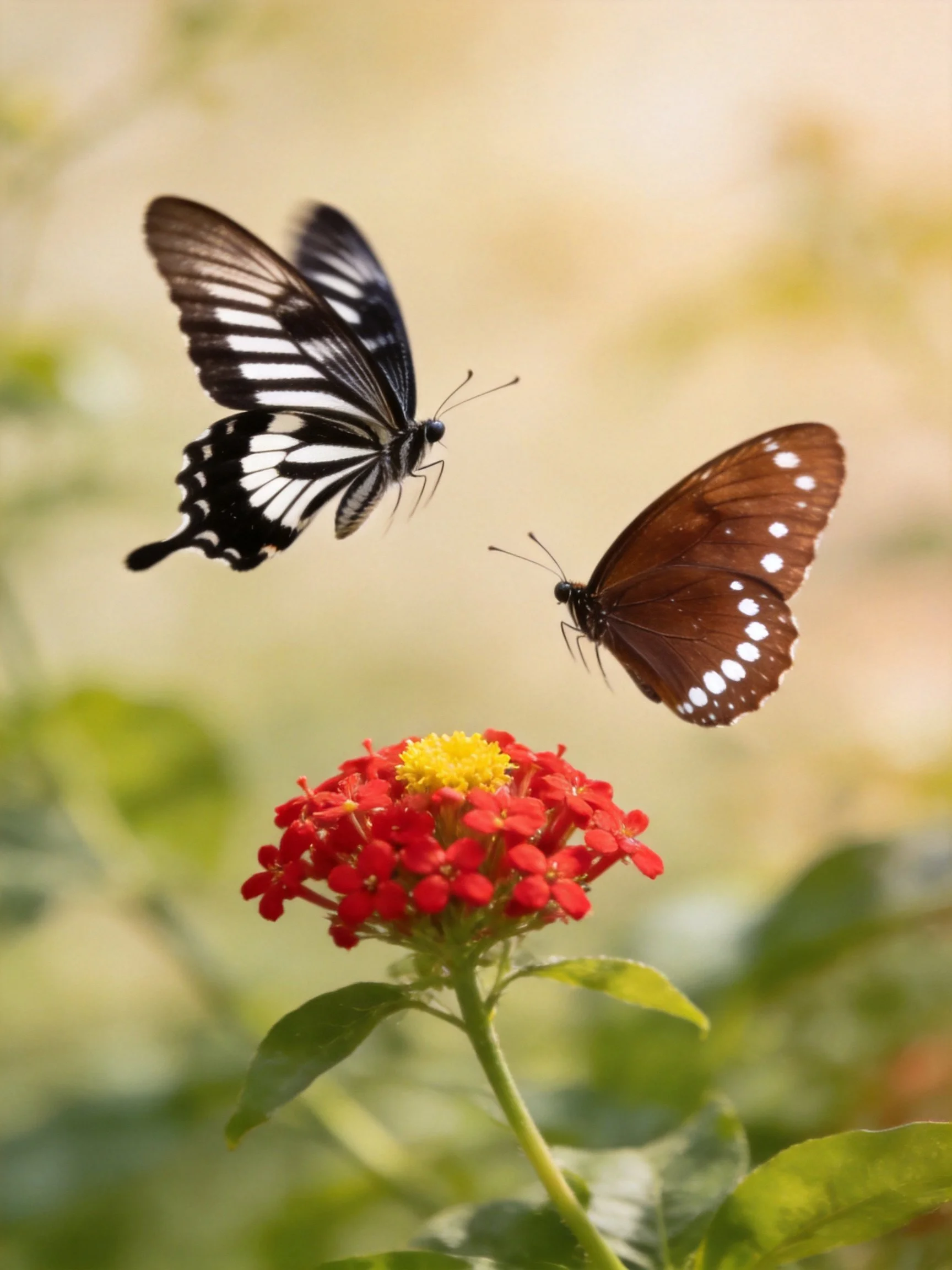 Two butterflies hover near a vibrant red flower cluster