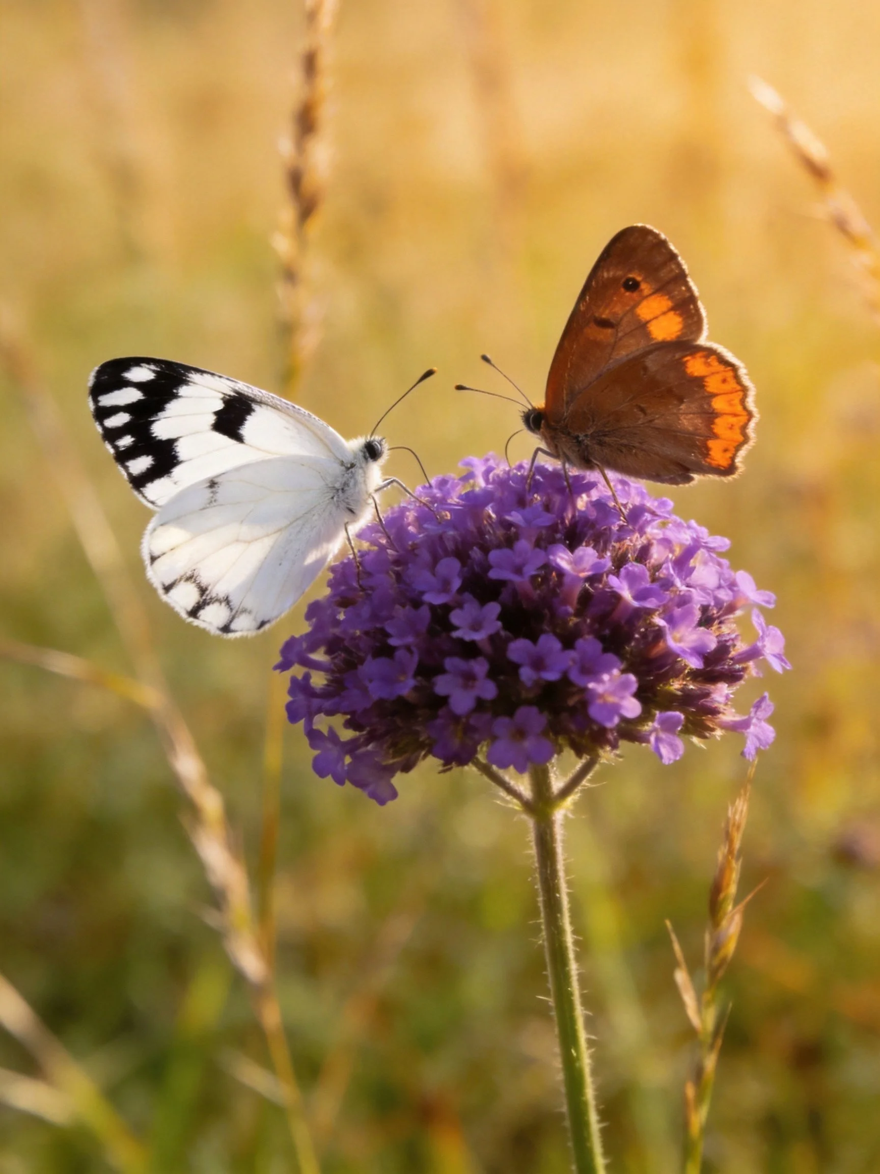 Two butterflies, one white and black, one brown with orange, rest on a purple flower cluster.