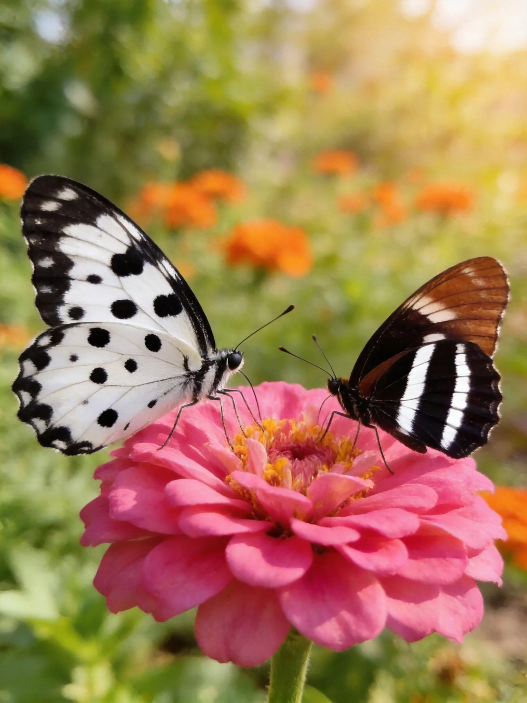 Two butterflies rest on a vibrant pink flower in a sunlit garden