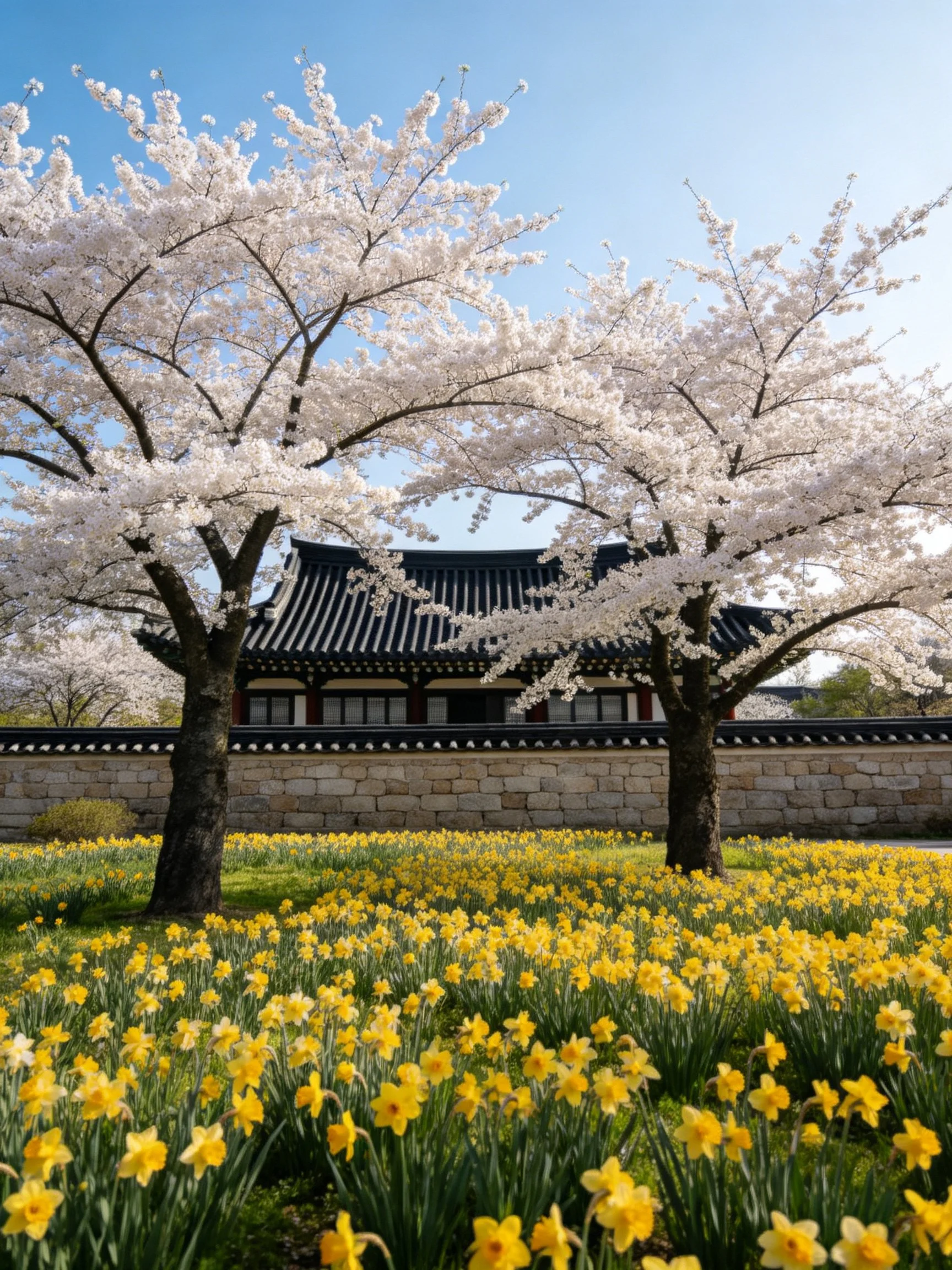 Two cherry blossom trees, yellow flower field, traditional building with stone wall