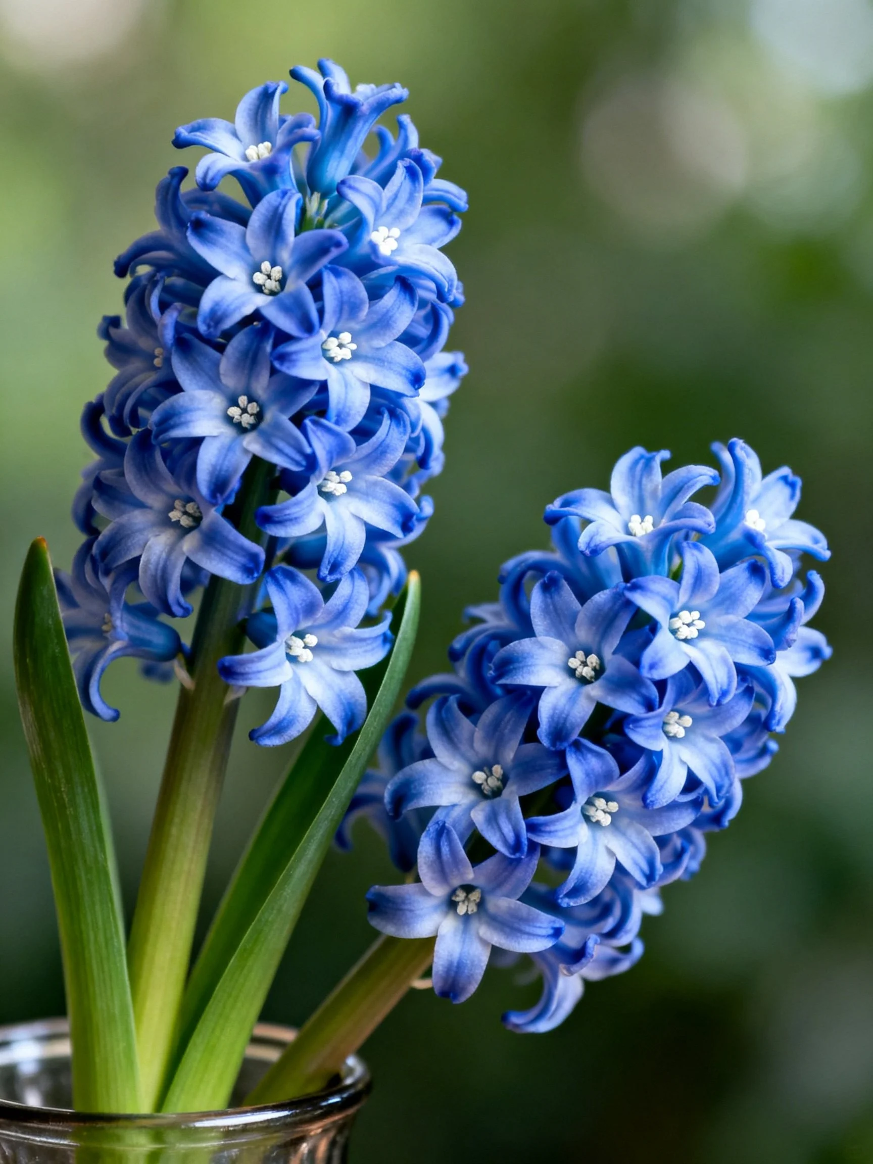 Vibrant blue hyacinth clusters arranged in a glass vase.