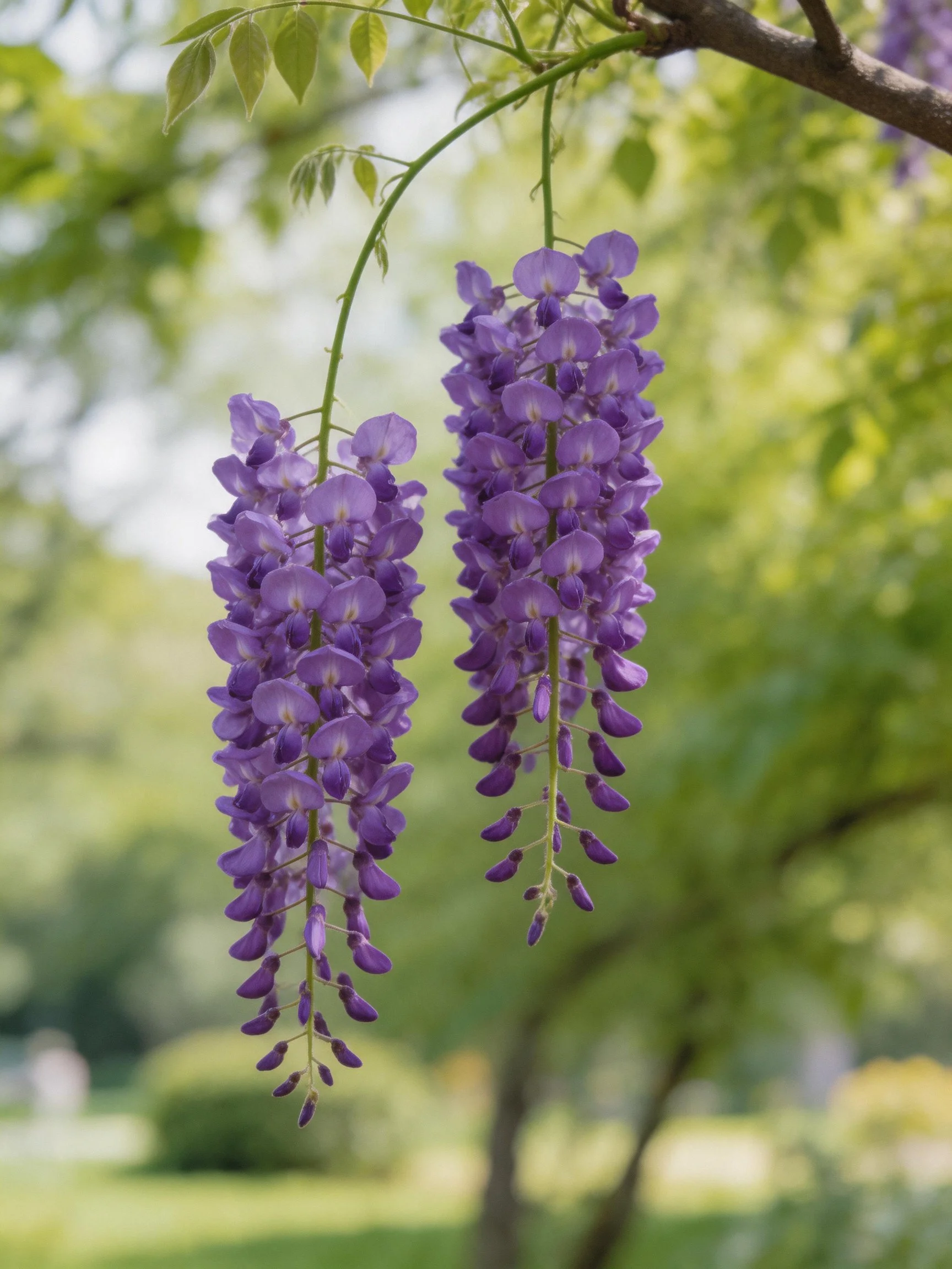 Two clusters of vibrant purple wisteria hang from tree branches