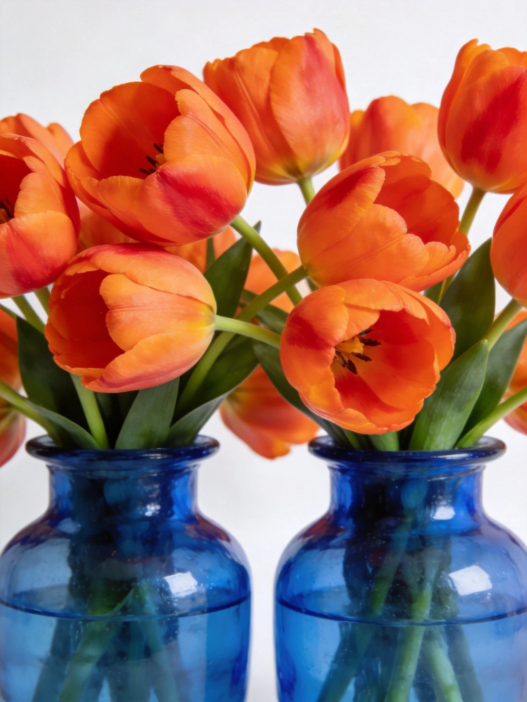 Two cobalt blue glass vases with vibrant orange tulip bouquets
