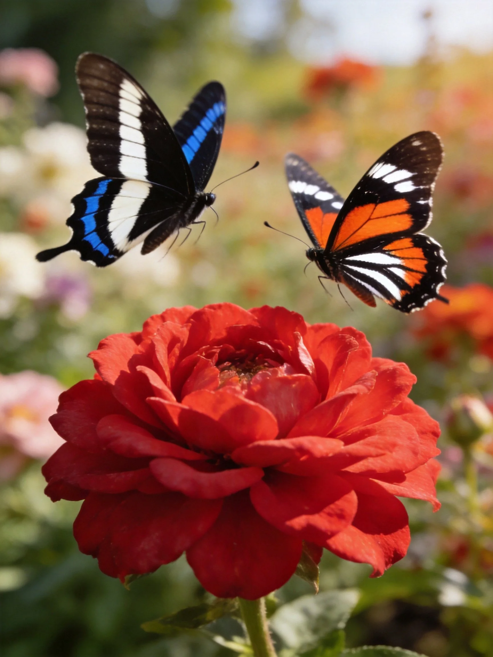 Two colorful butterflies flutter near a vibrant red rose in a sunlit garden.