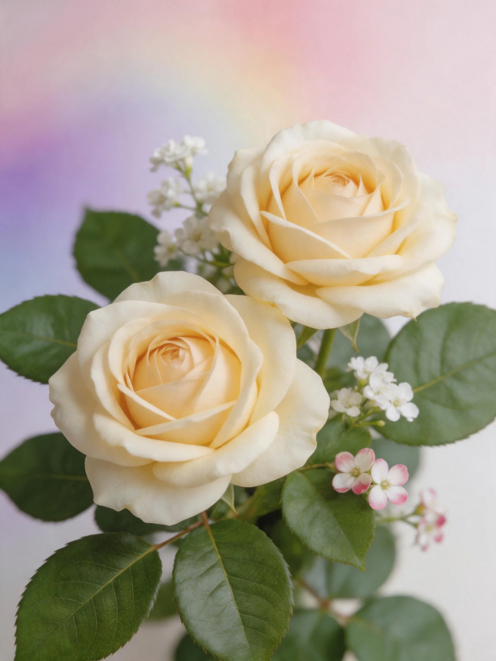 Two cream roses with green leaves and small white/pink flowers