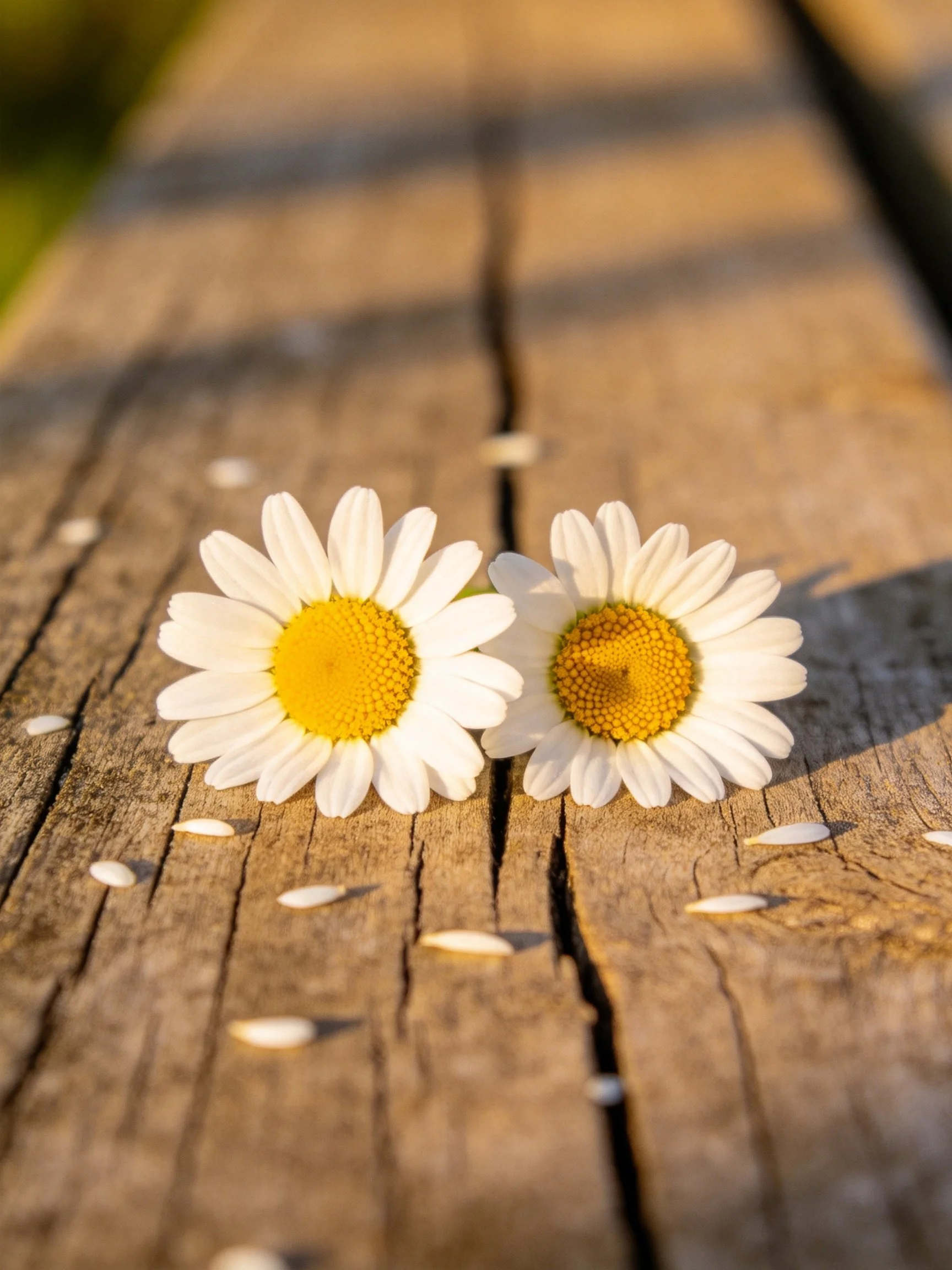 Two daisies rest on a weathered wooden plank with scattered petals