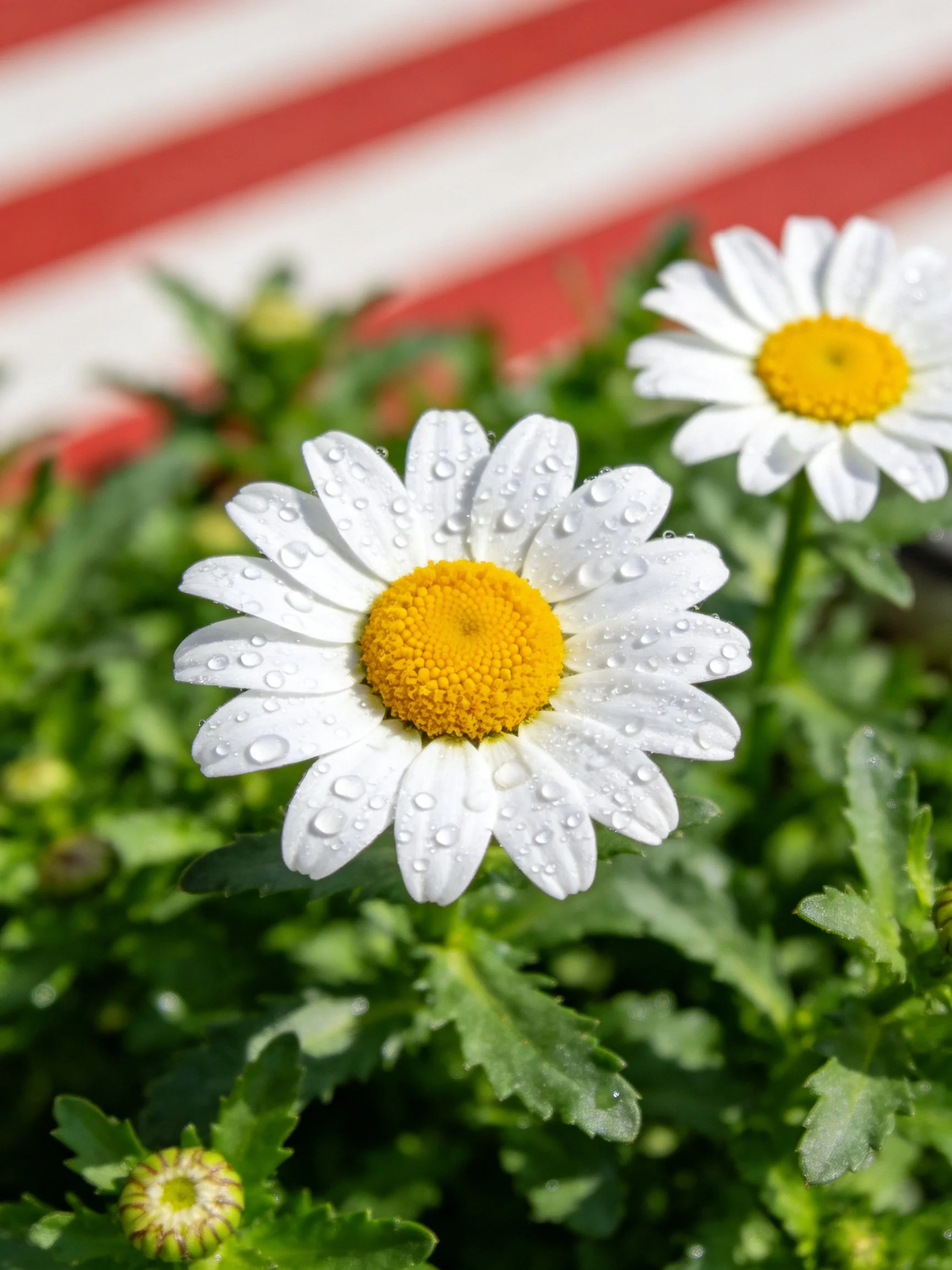 Two daisies with dew-covered white petals and bright yellow centers