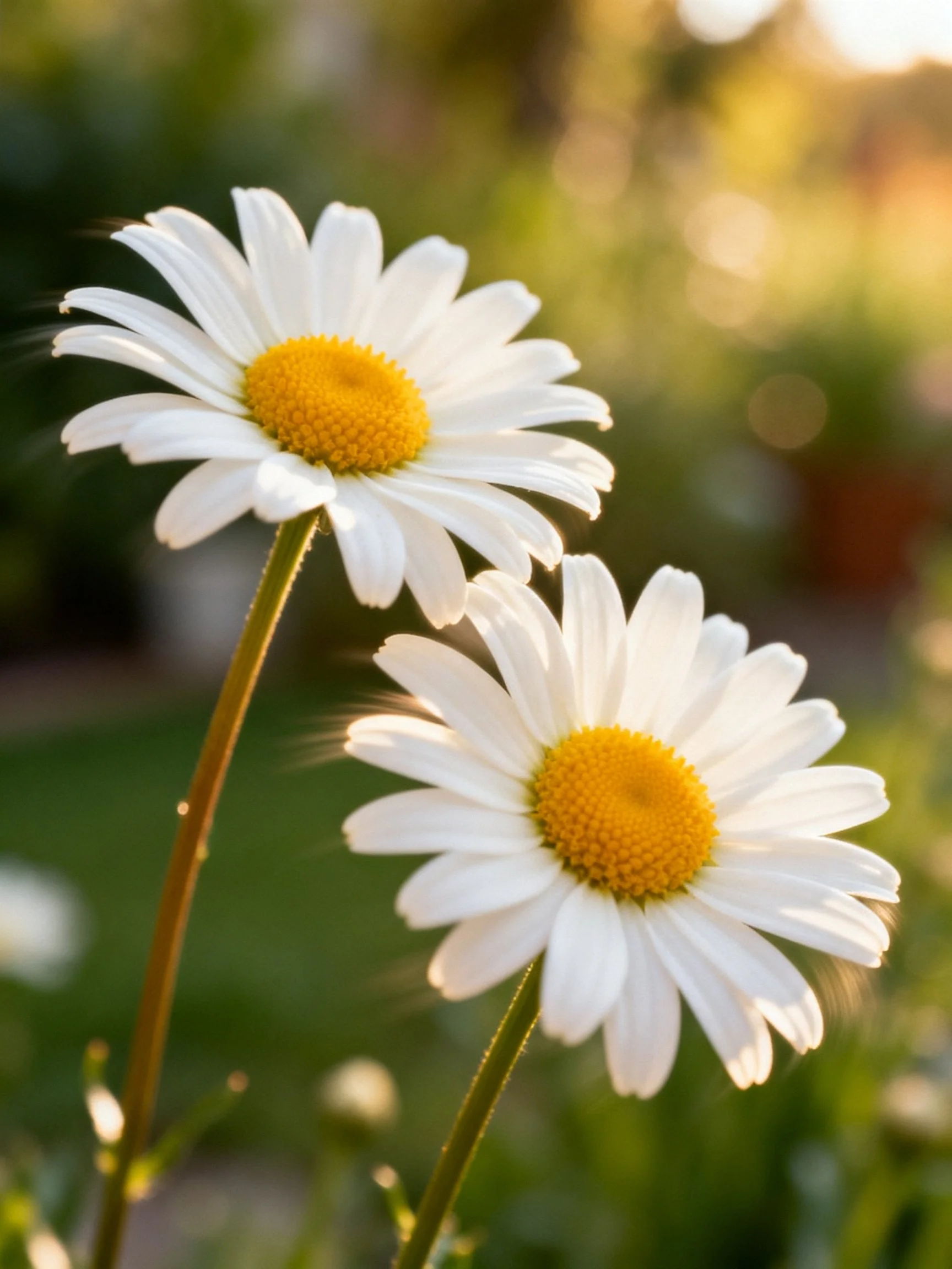 Two daisies with white petals and bright yellow centers