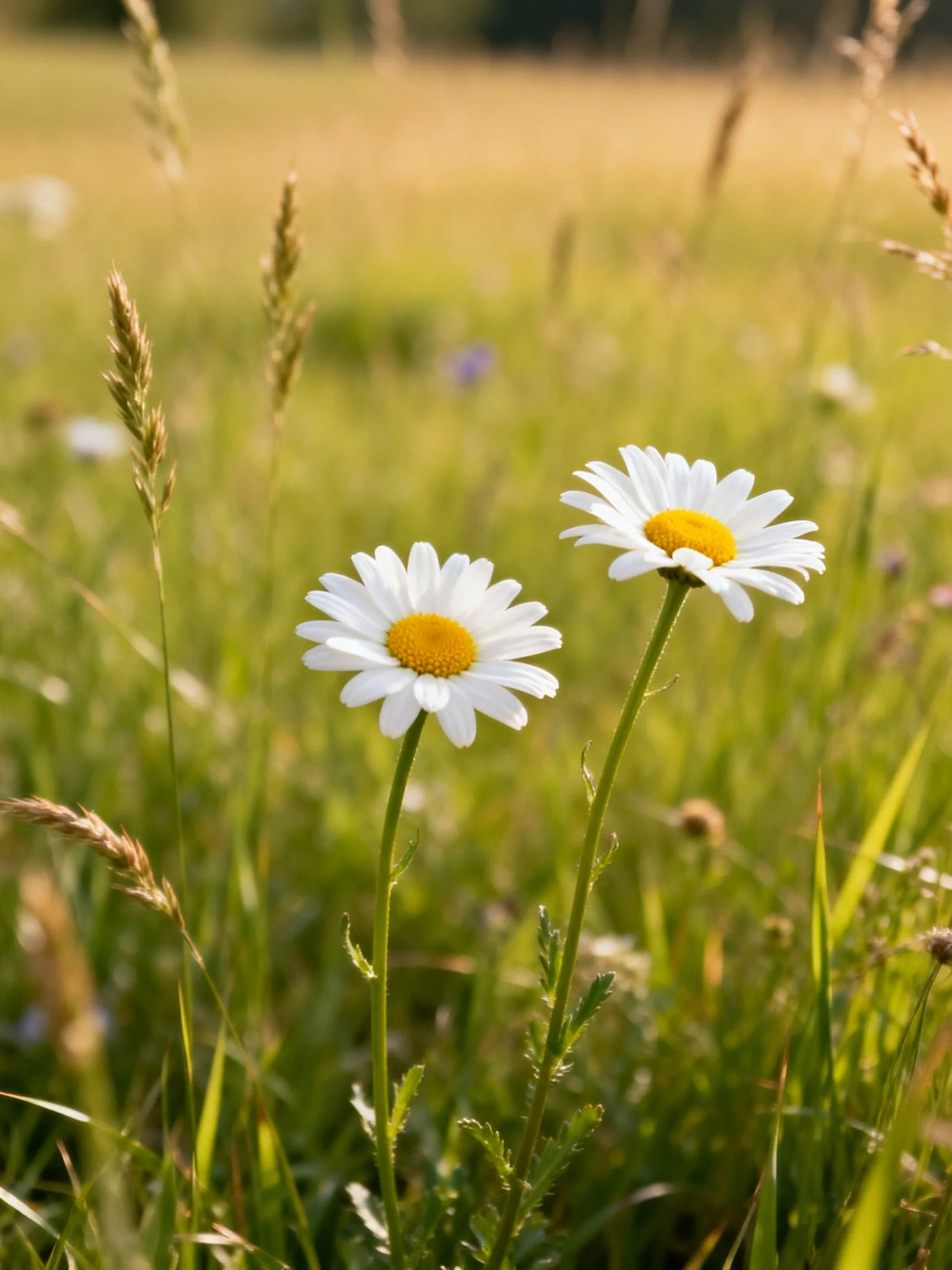 Two daisies with white petals and yellow centers among tall grass