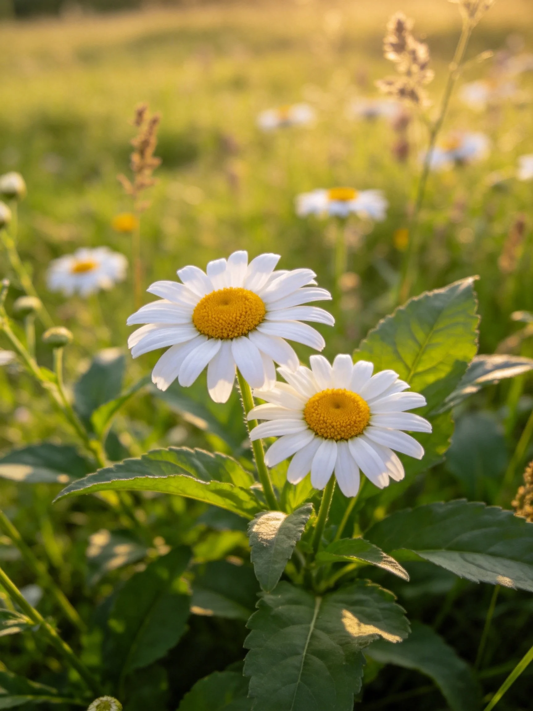 Two daisies with white petals and yellow centers in a sunlit meadow