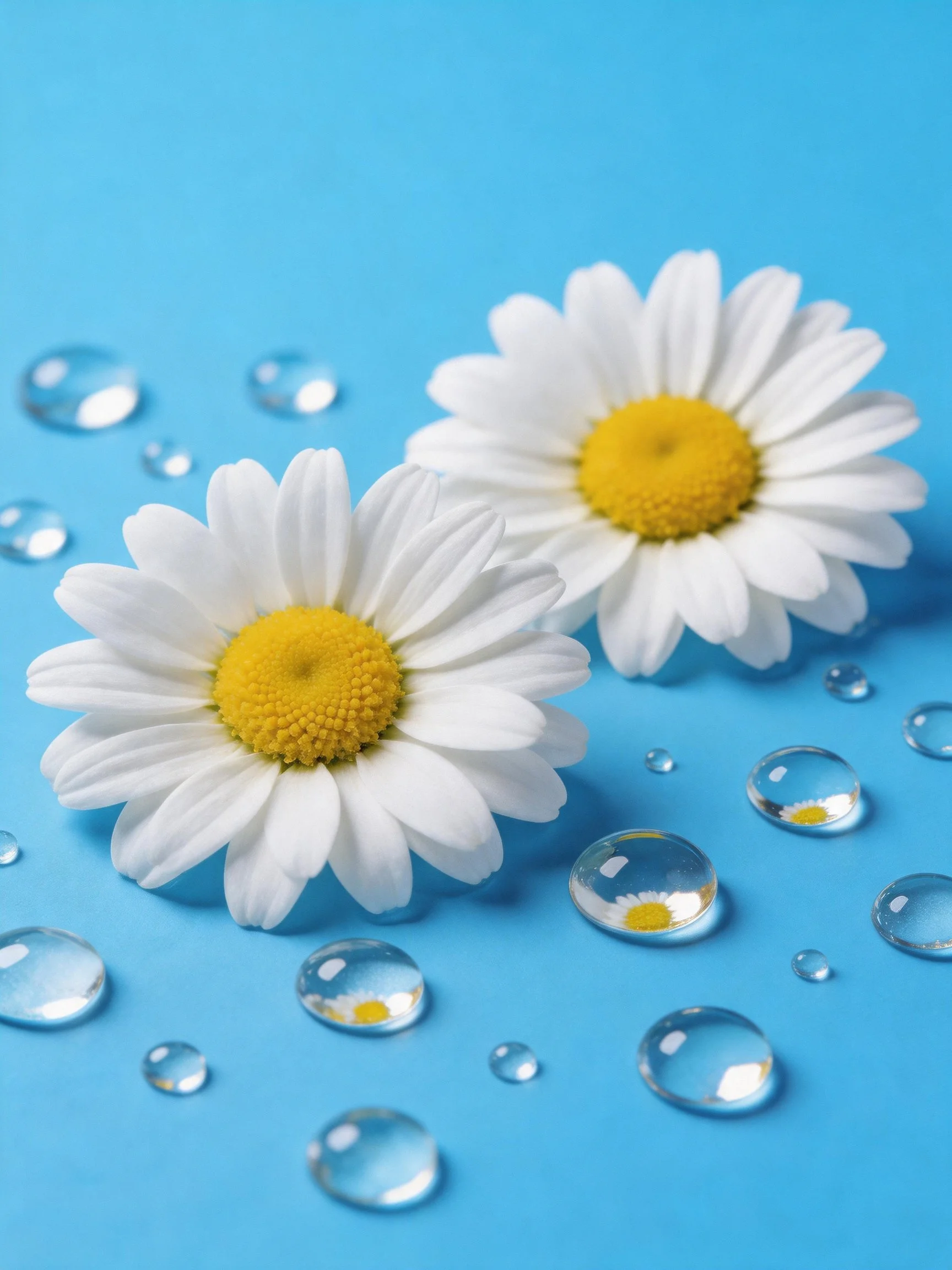 Two daisies with yellow centers on a bright blue surface among water droplets