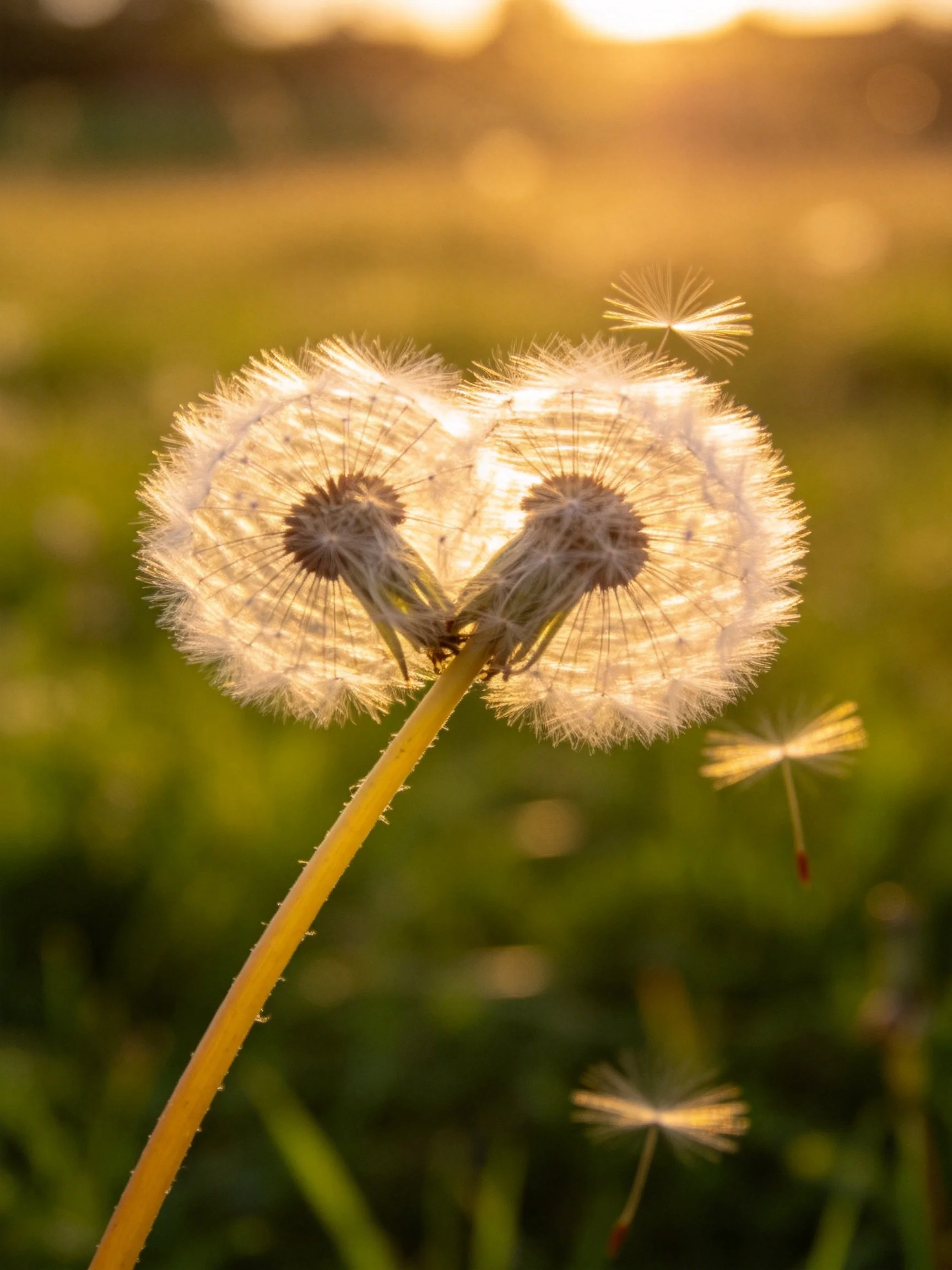 Two dandelion seed heads glowing in golden sunset light