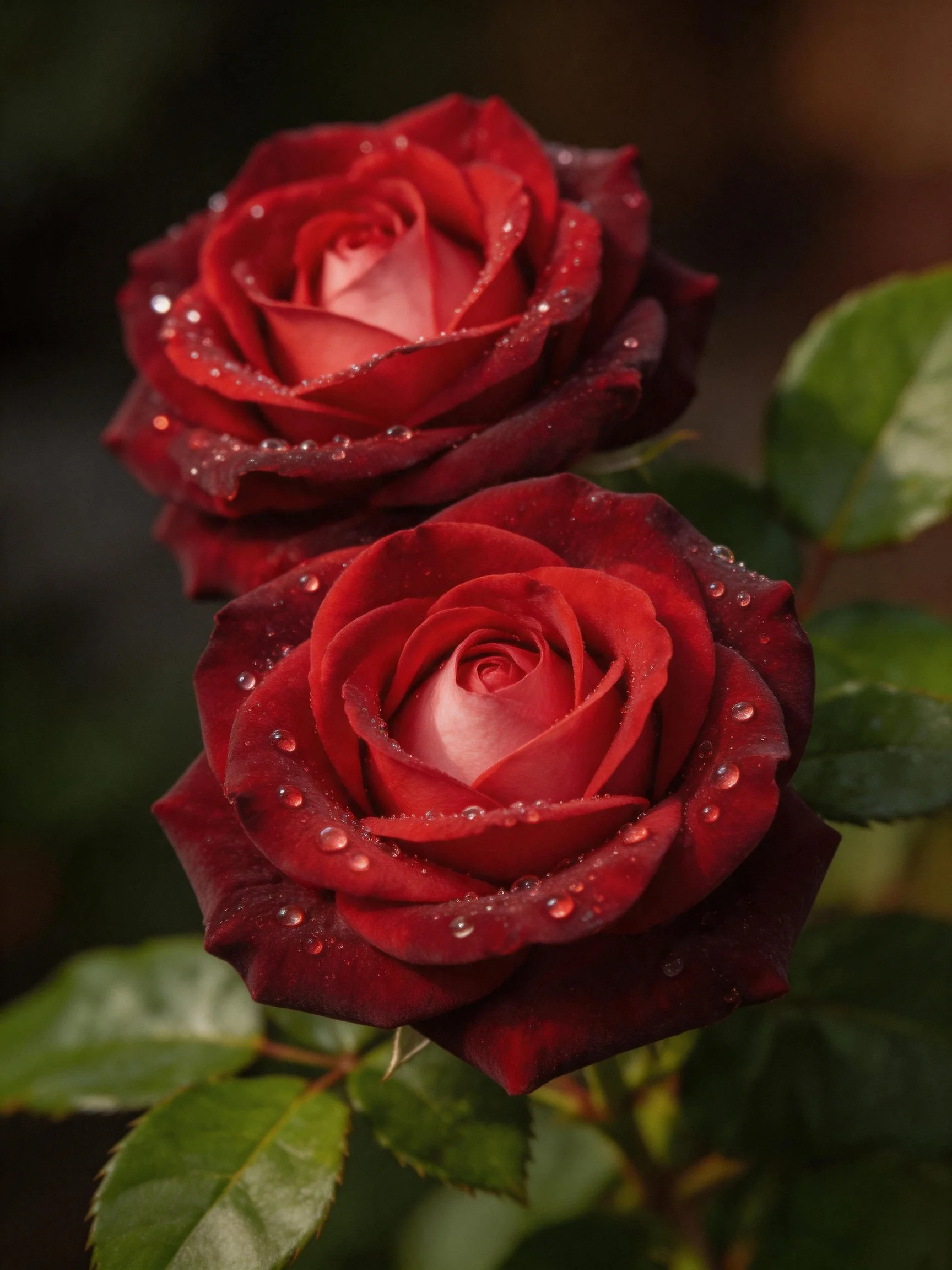 Two dark red roses with water droplets on petals