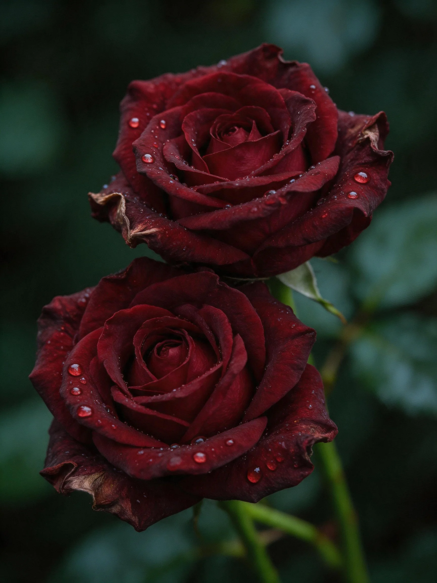 Two dark red roses with water droplets on petals