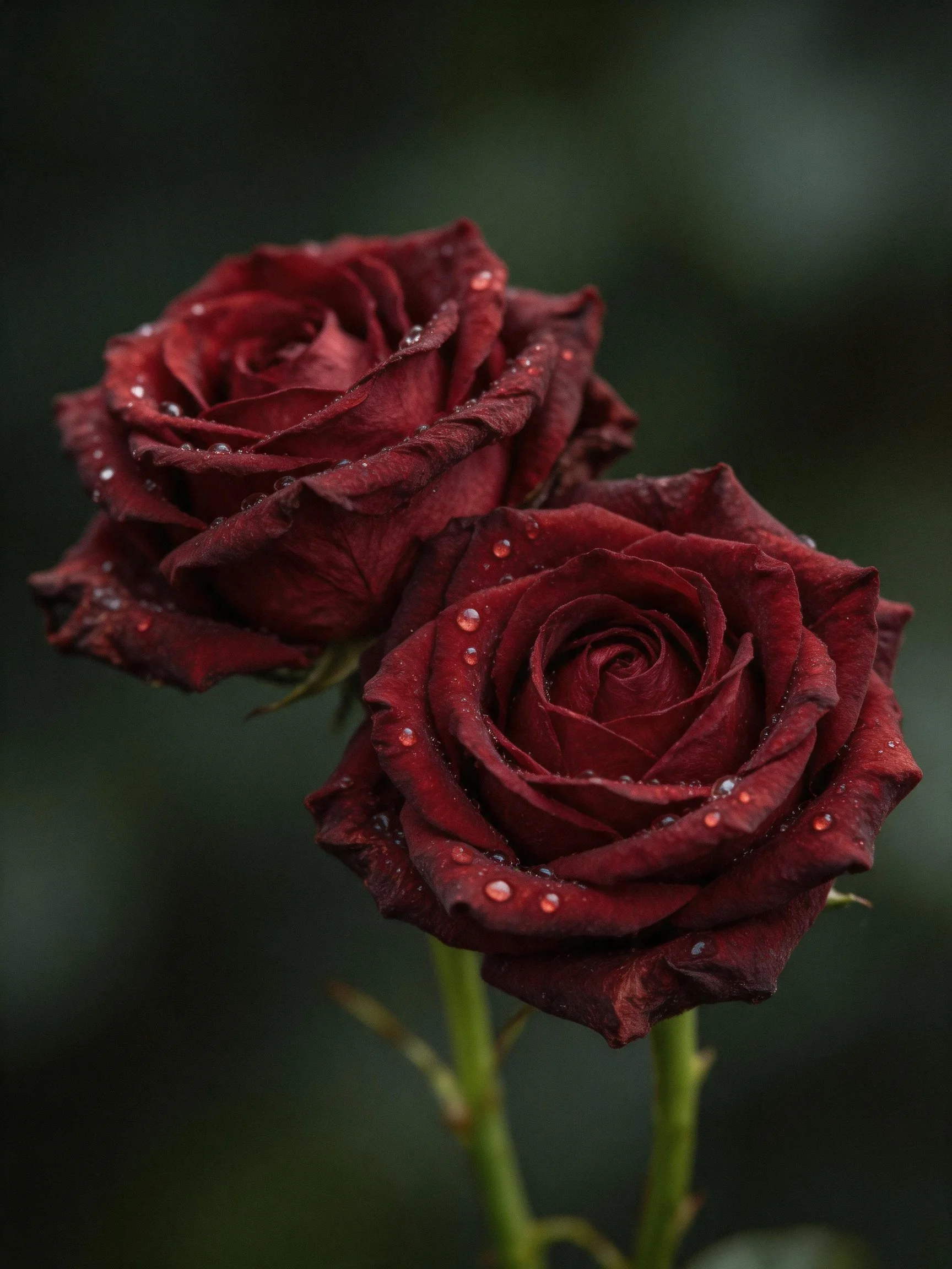 Two dark red roses with water droplets, set against a blurred green backdrop.