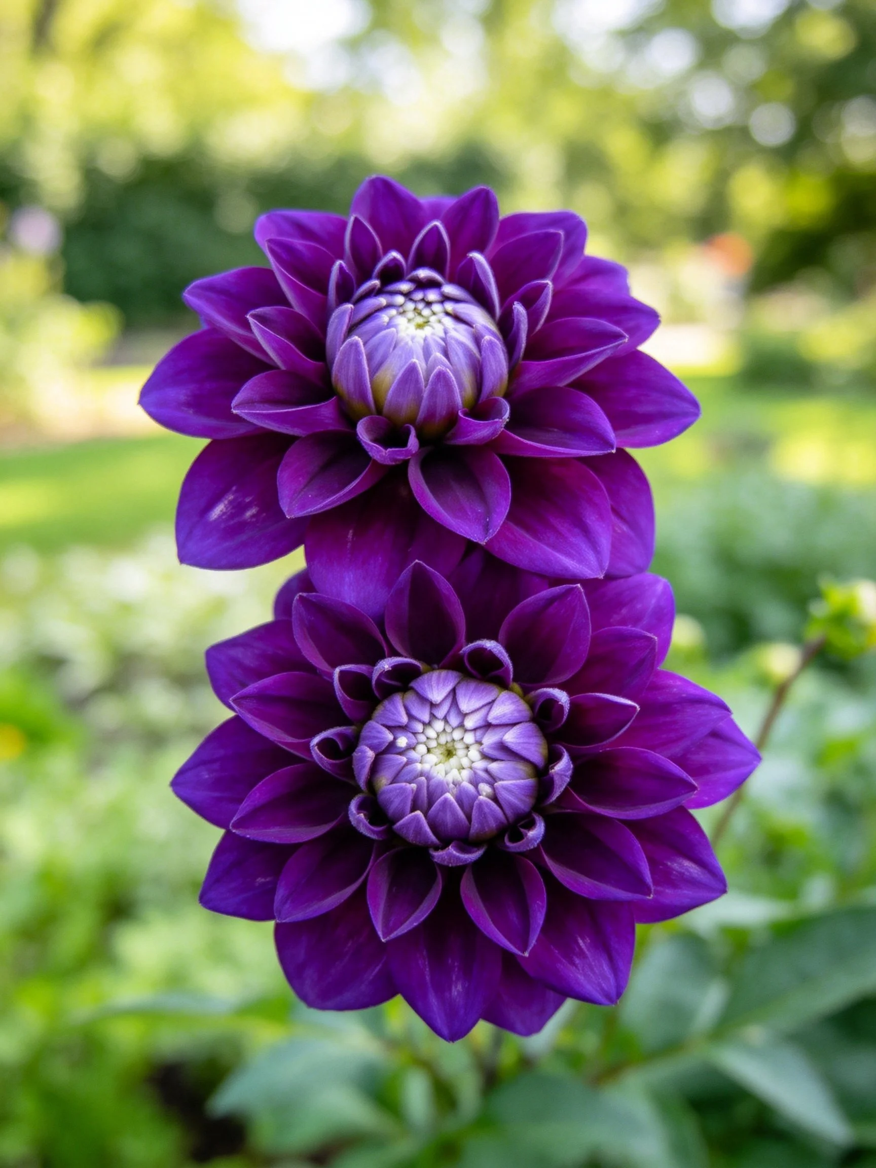Two deep purple dahlia blooms in a garden setting