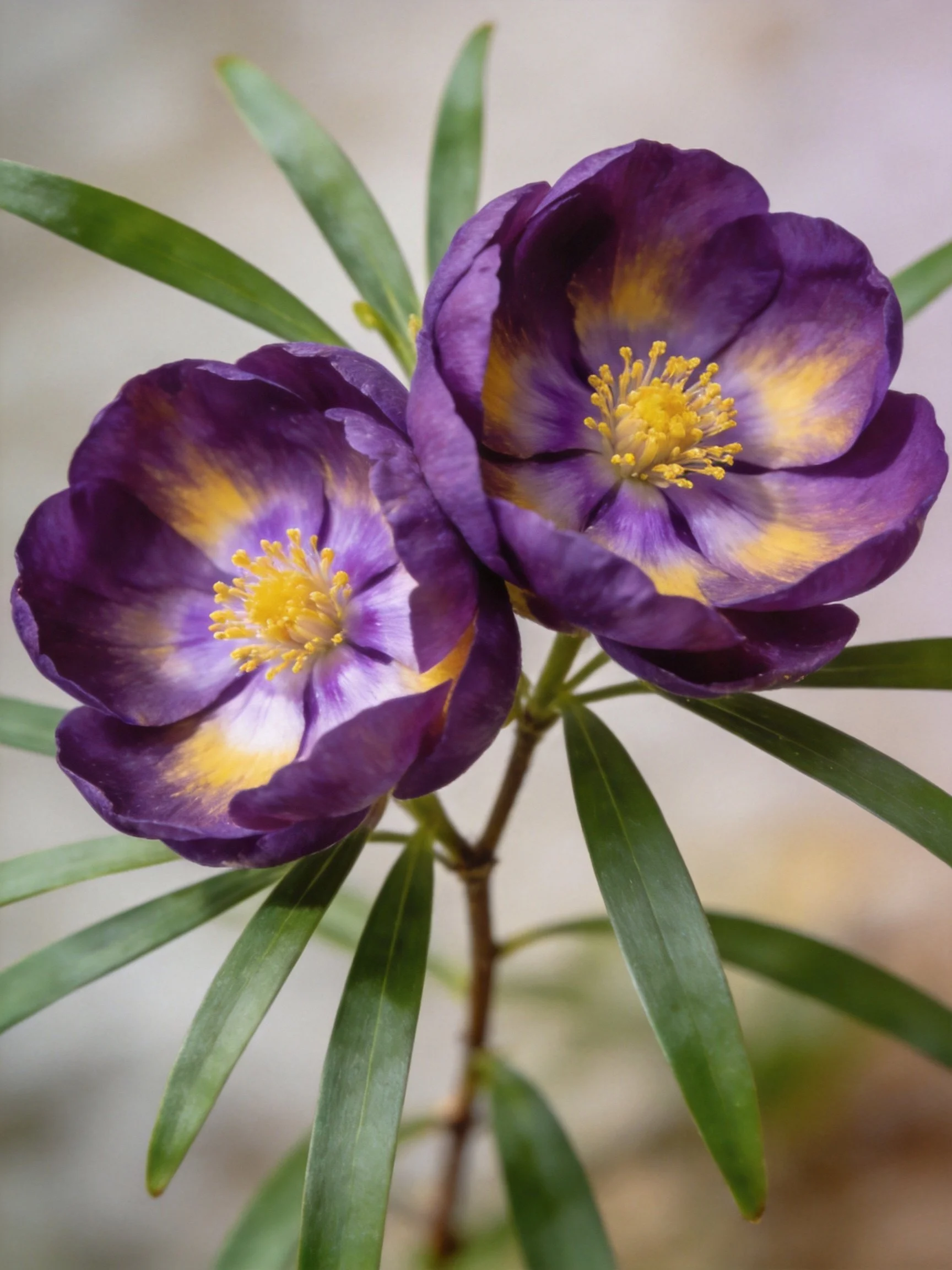 Two deep purple flowers with golden centers and slender green leaves