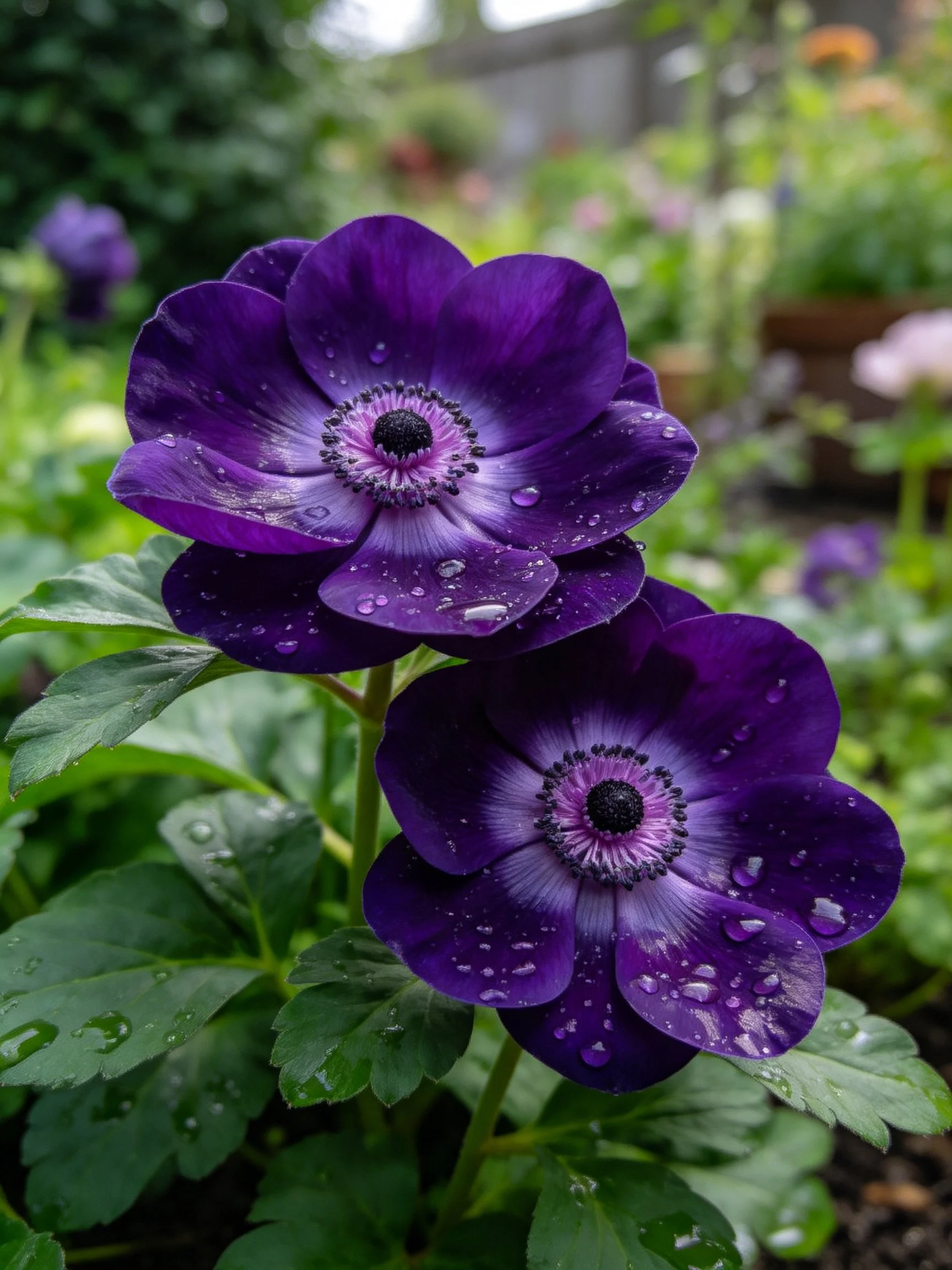 Two deep purple flowers with water droplets in a lush garden