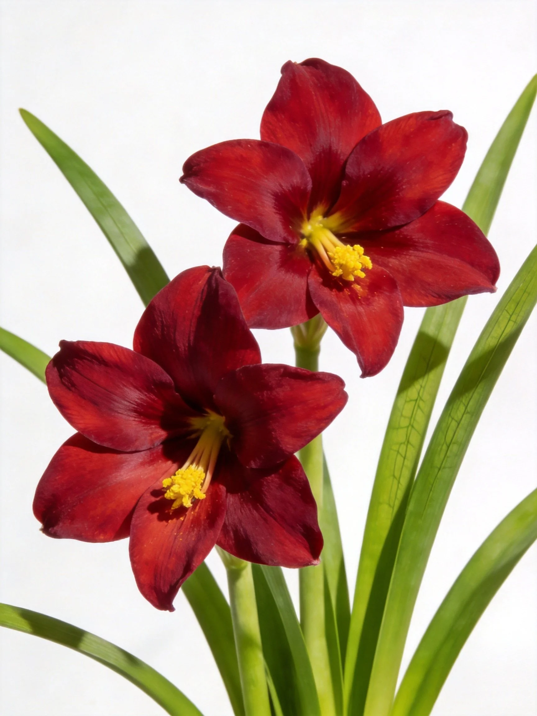 Two deep red flowers with yellow stamens and long green leaves