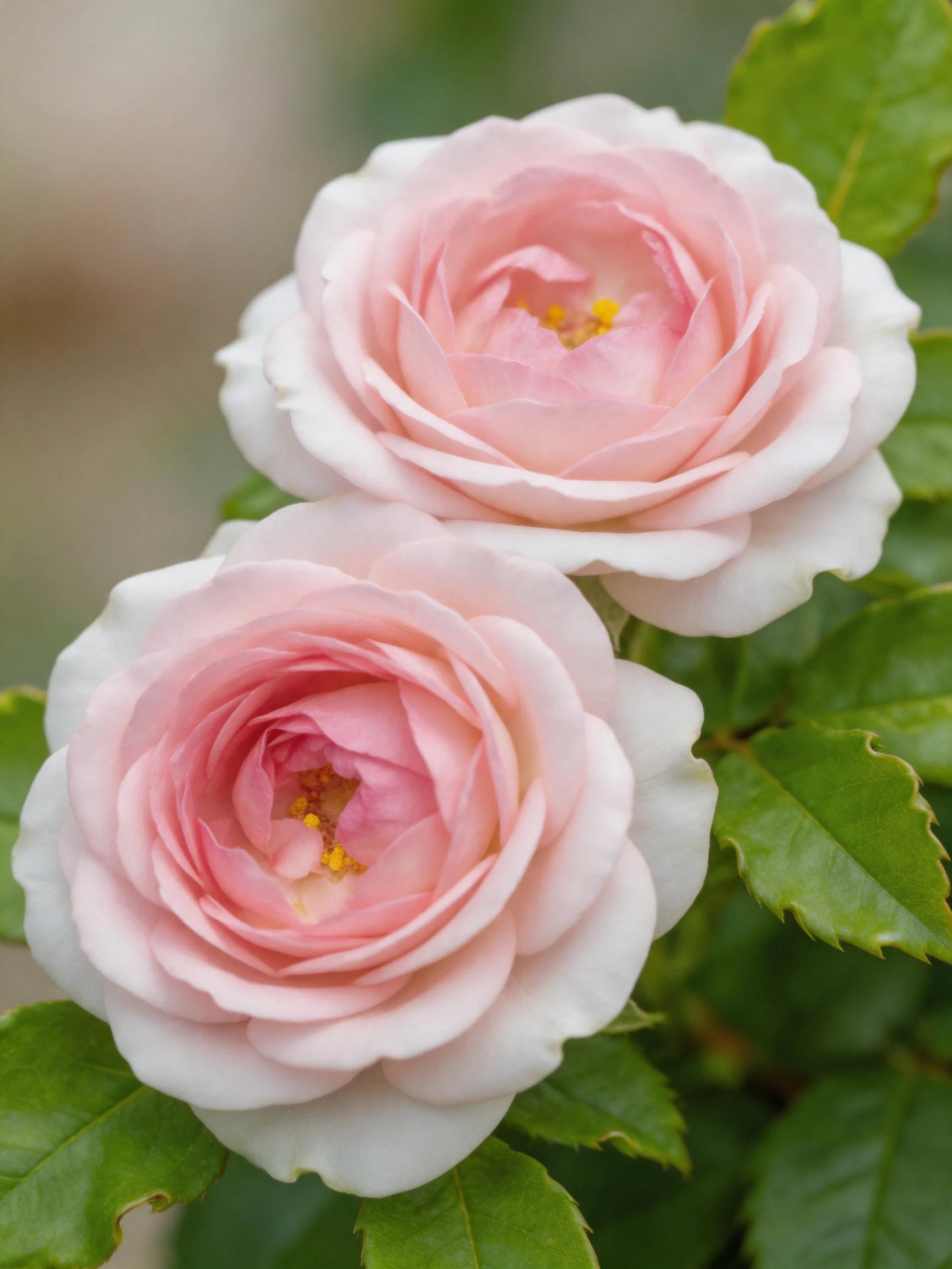 Two delicate pink roses bloom amid lush green foliage