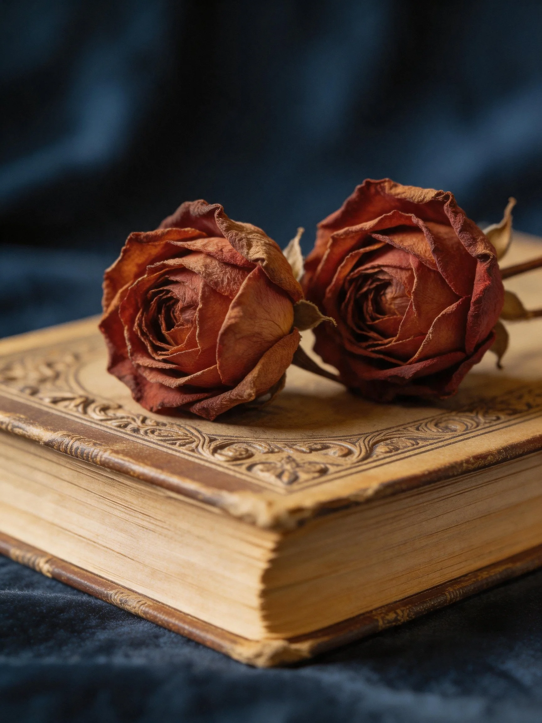 Two dried reddish-brown roses rest atop an aged, ornate book