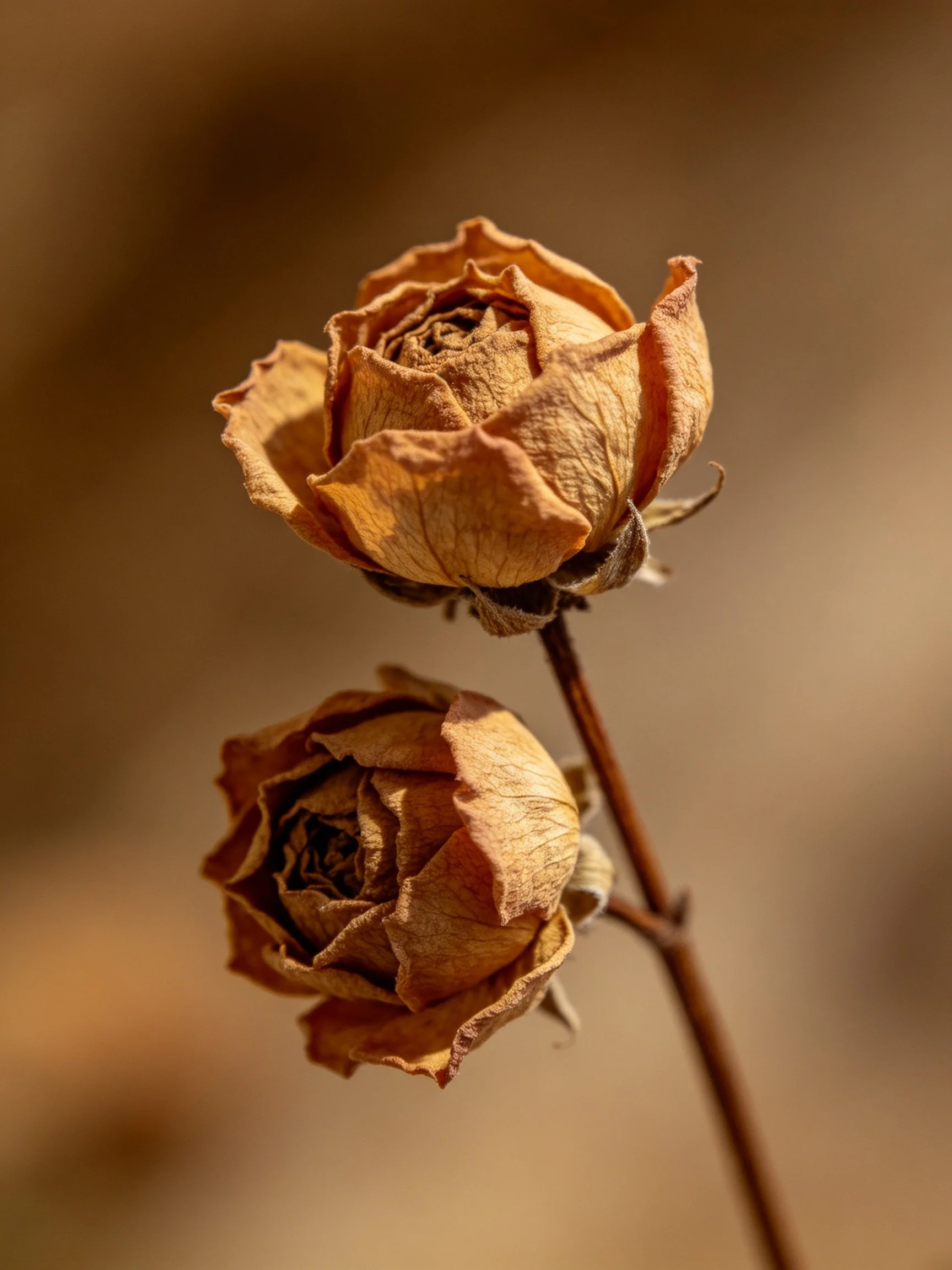 Two dried roses with textured brown petals on a stem