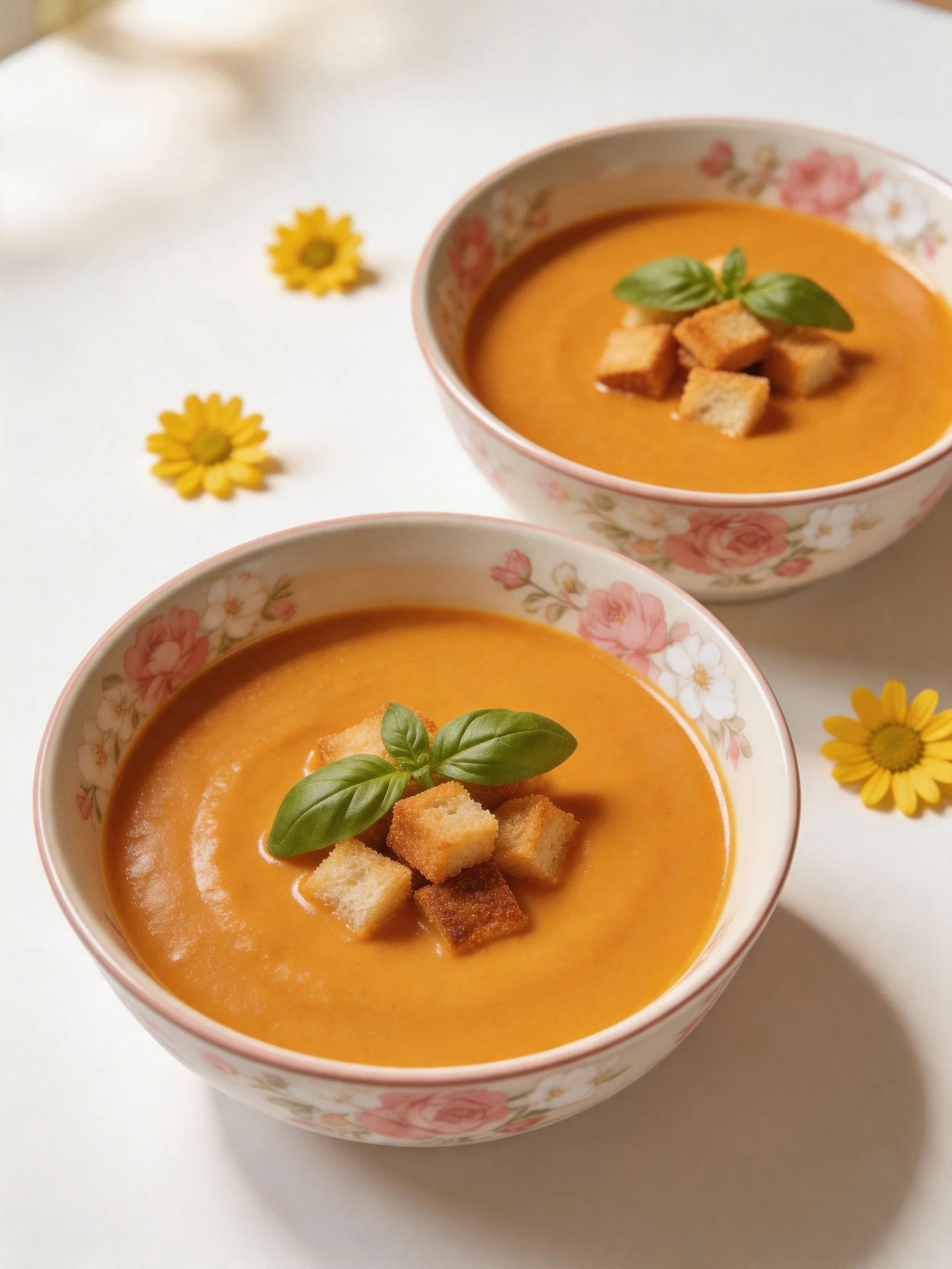 Two floral bowls hold creamy orange soup with croutons and basil