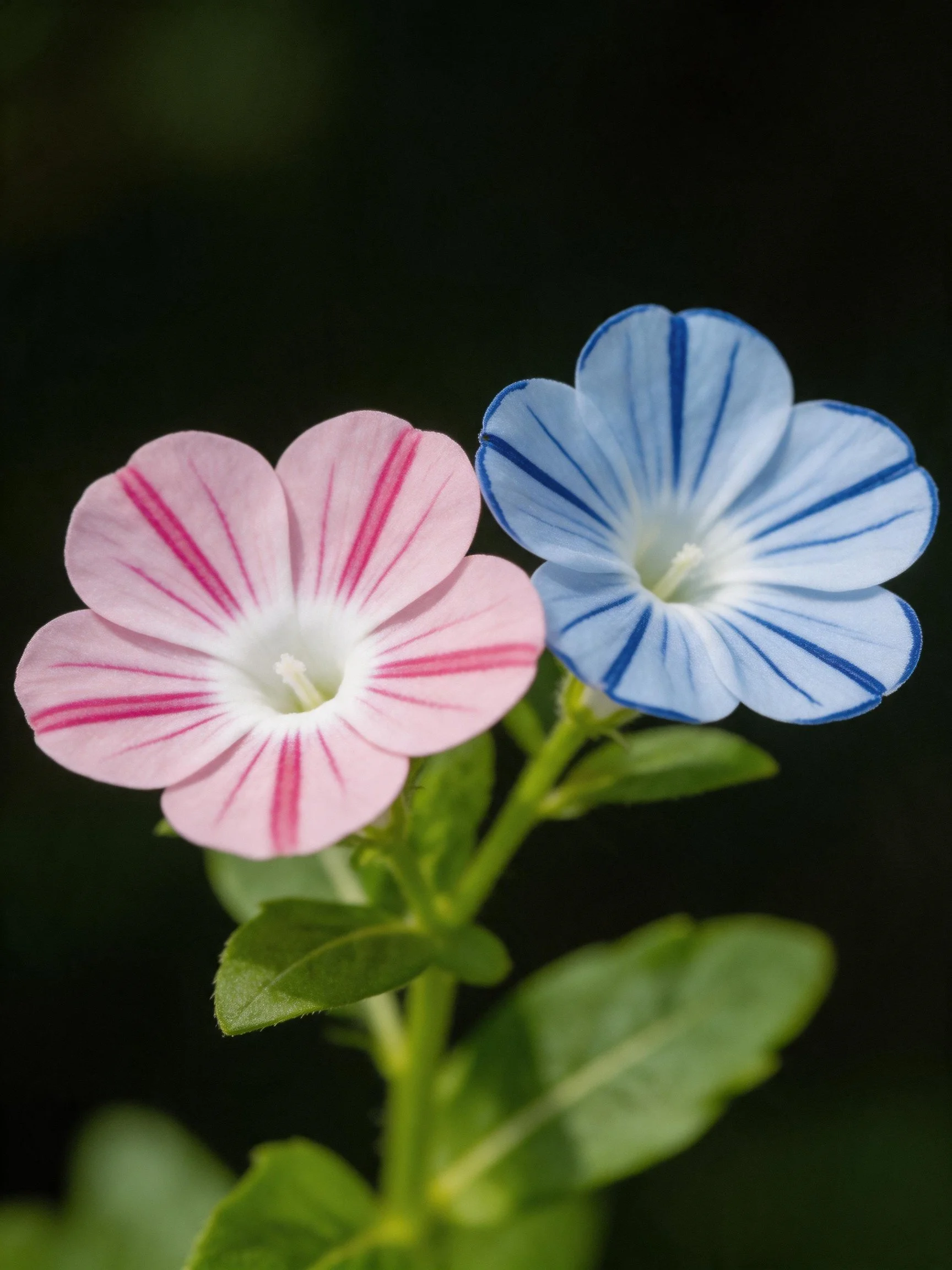 Two flowers with pink and blue striped petals and green foliage