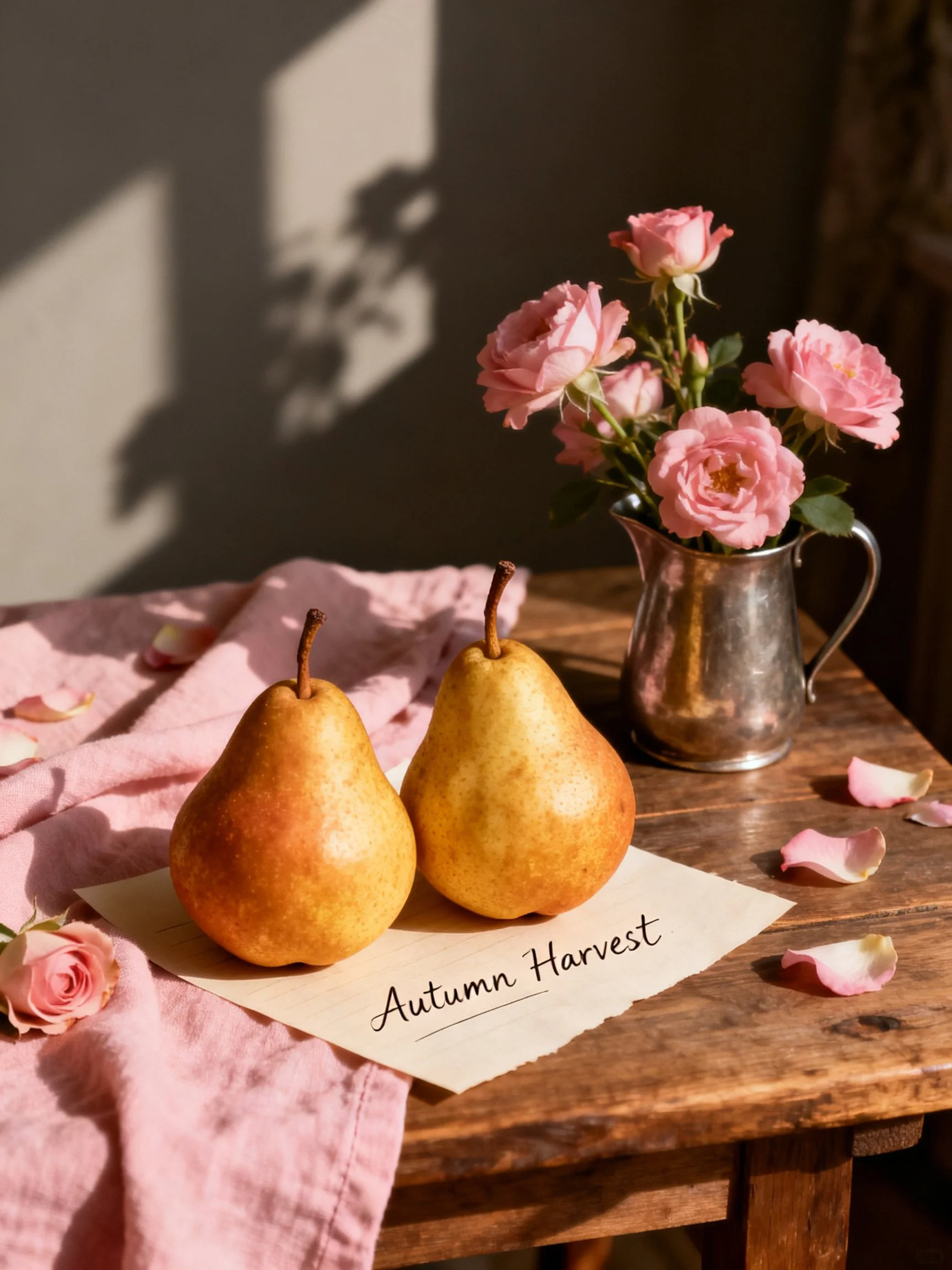 Two golden pears, pink roses, and Autumn Harvest sign on rustic wooden table