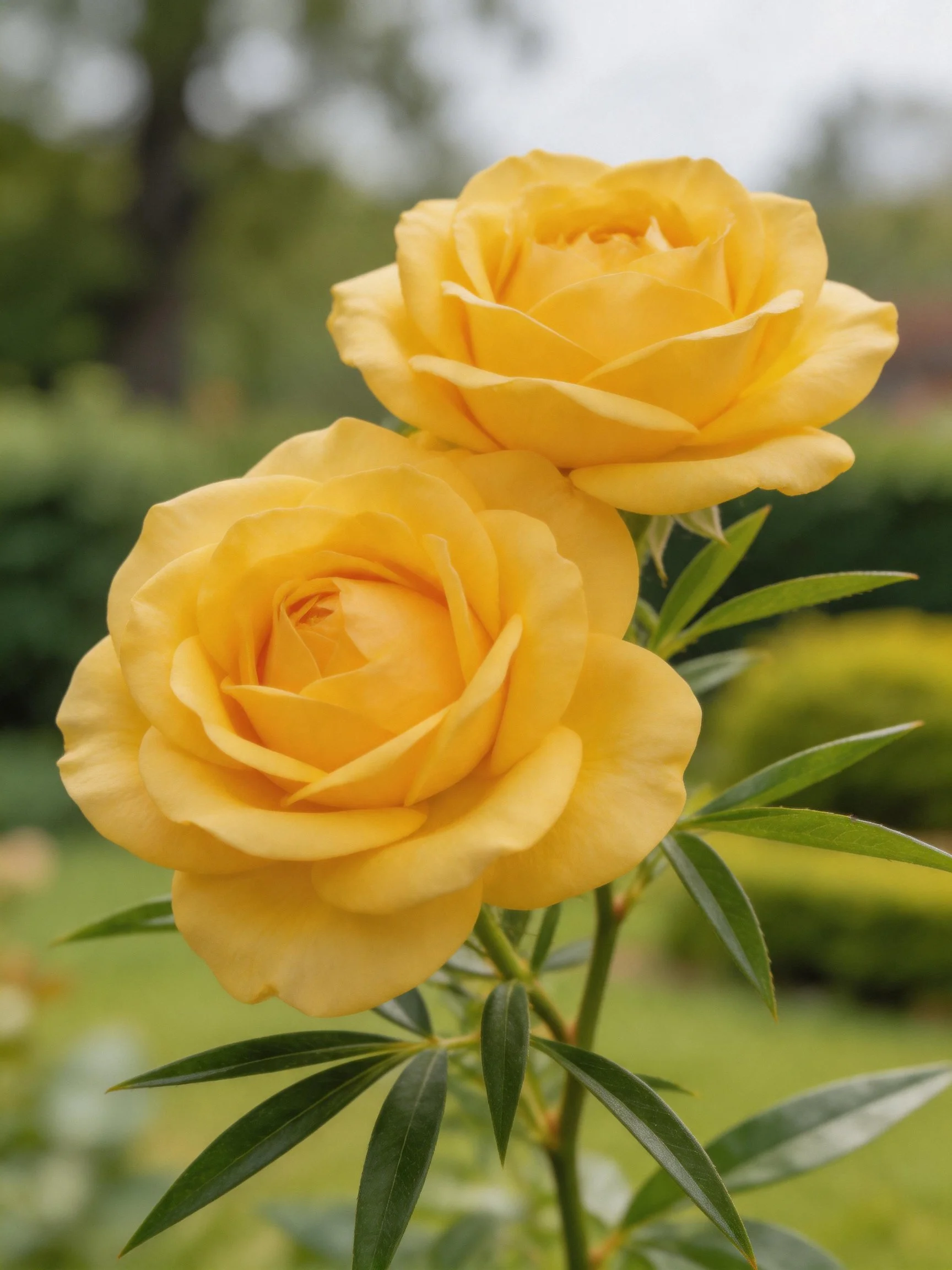 Two golden-yellow roses with green foliage in a garden