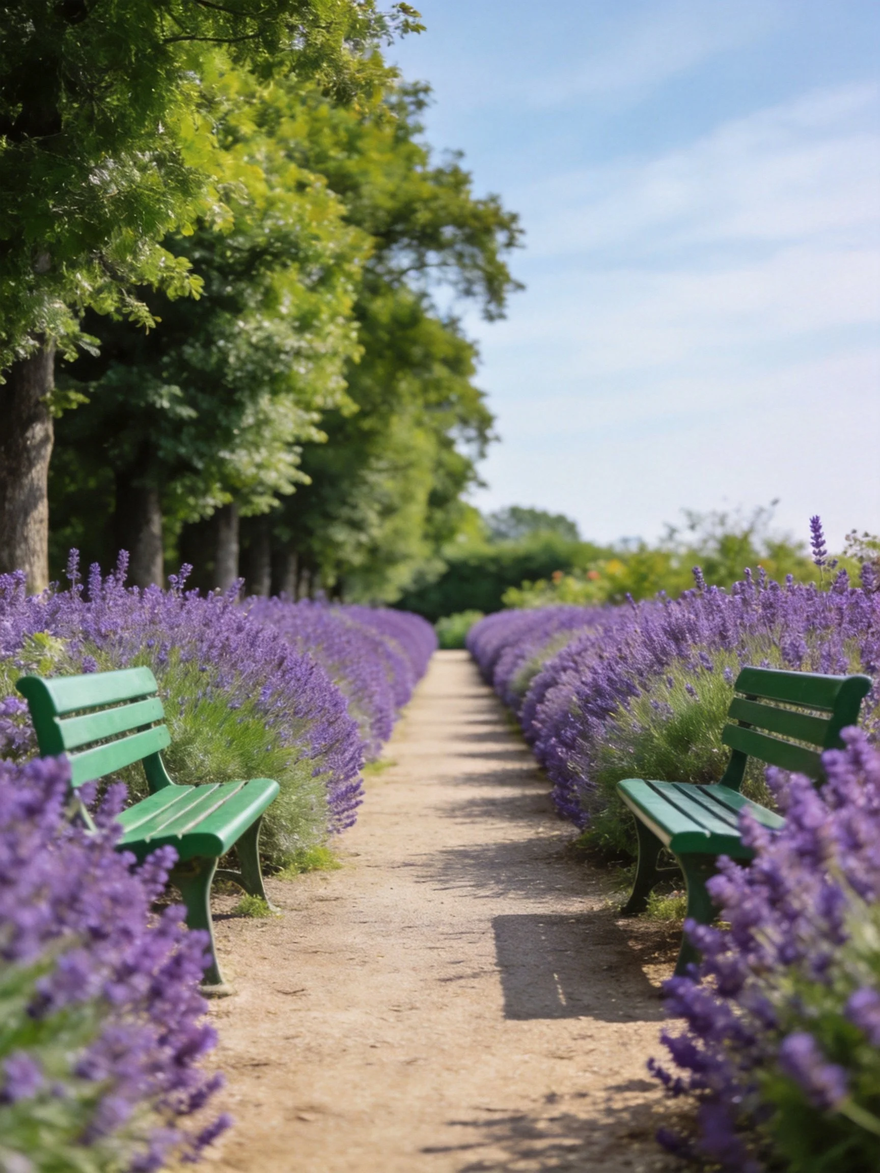 Two green benches flanked by lavender bushes along a tree-lined path