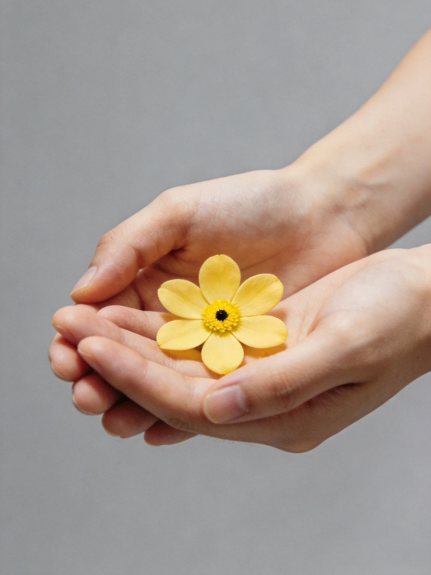 Two hands gently holding a small yellow flower with a dark center