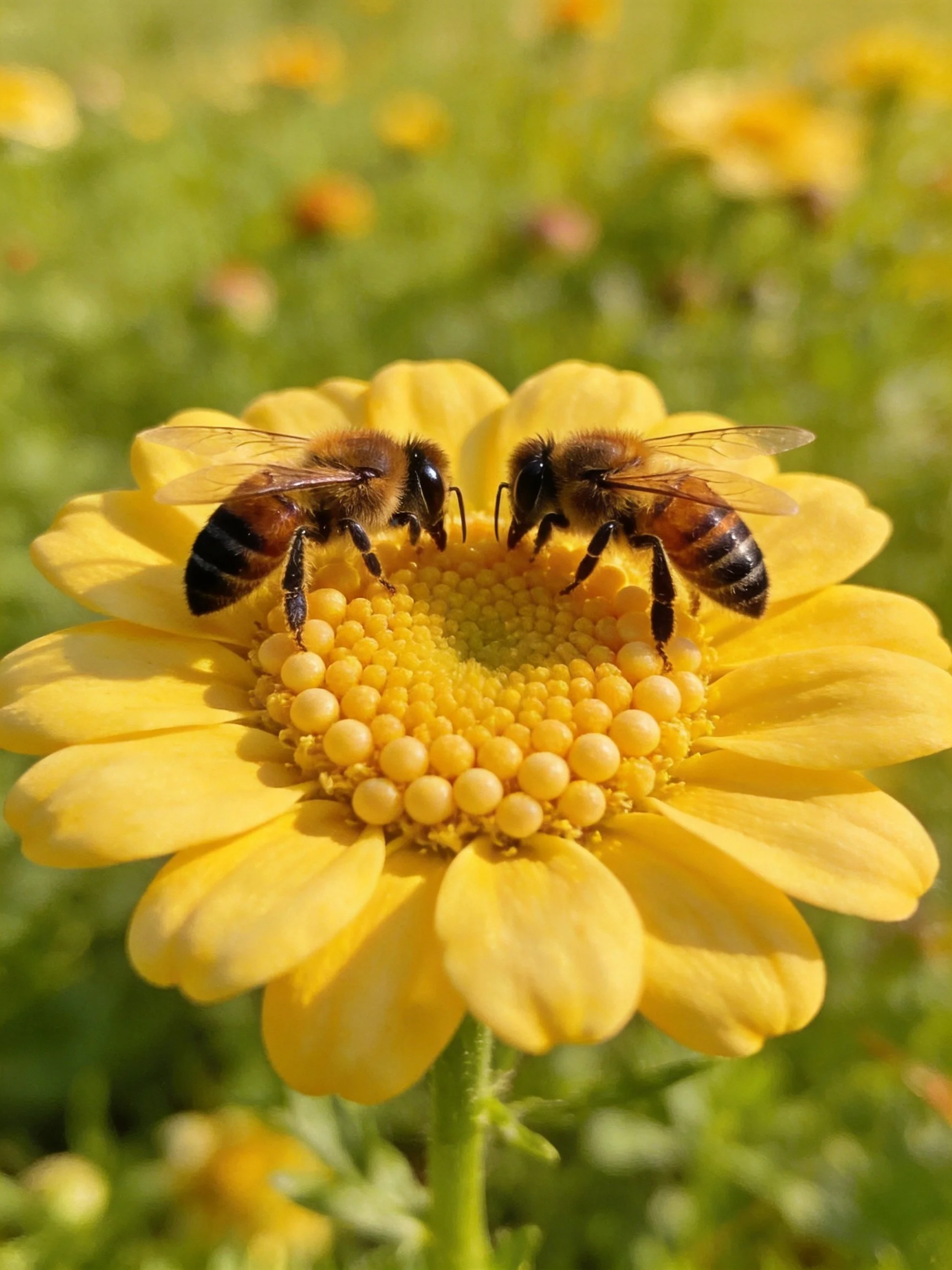 Two honeybees collecting nectar from a vibrant yellow flower