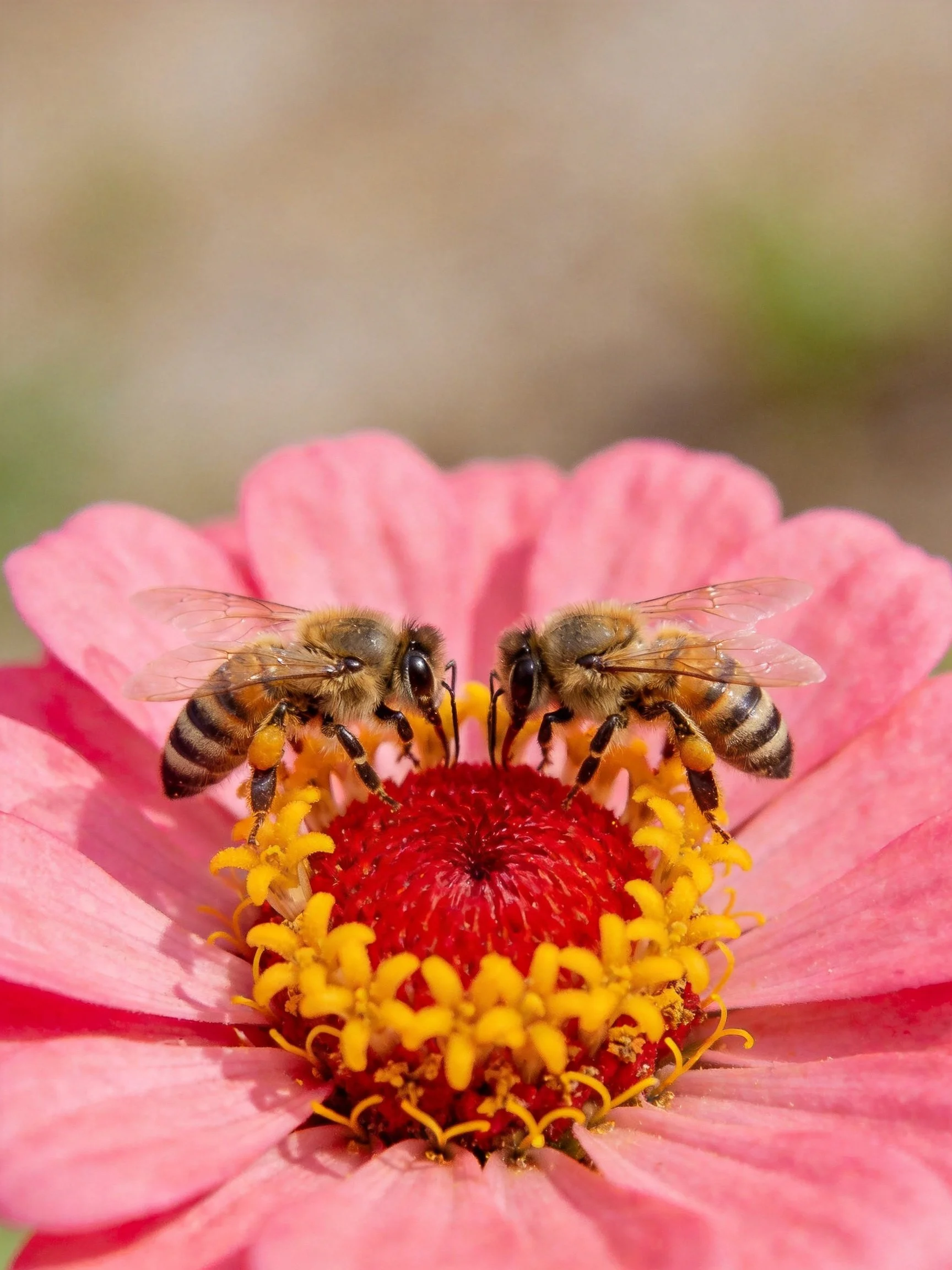 Two honeybees gathering nectar from a pink flower