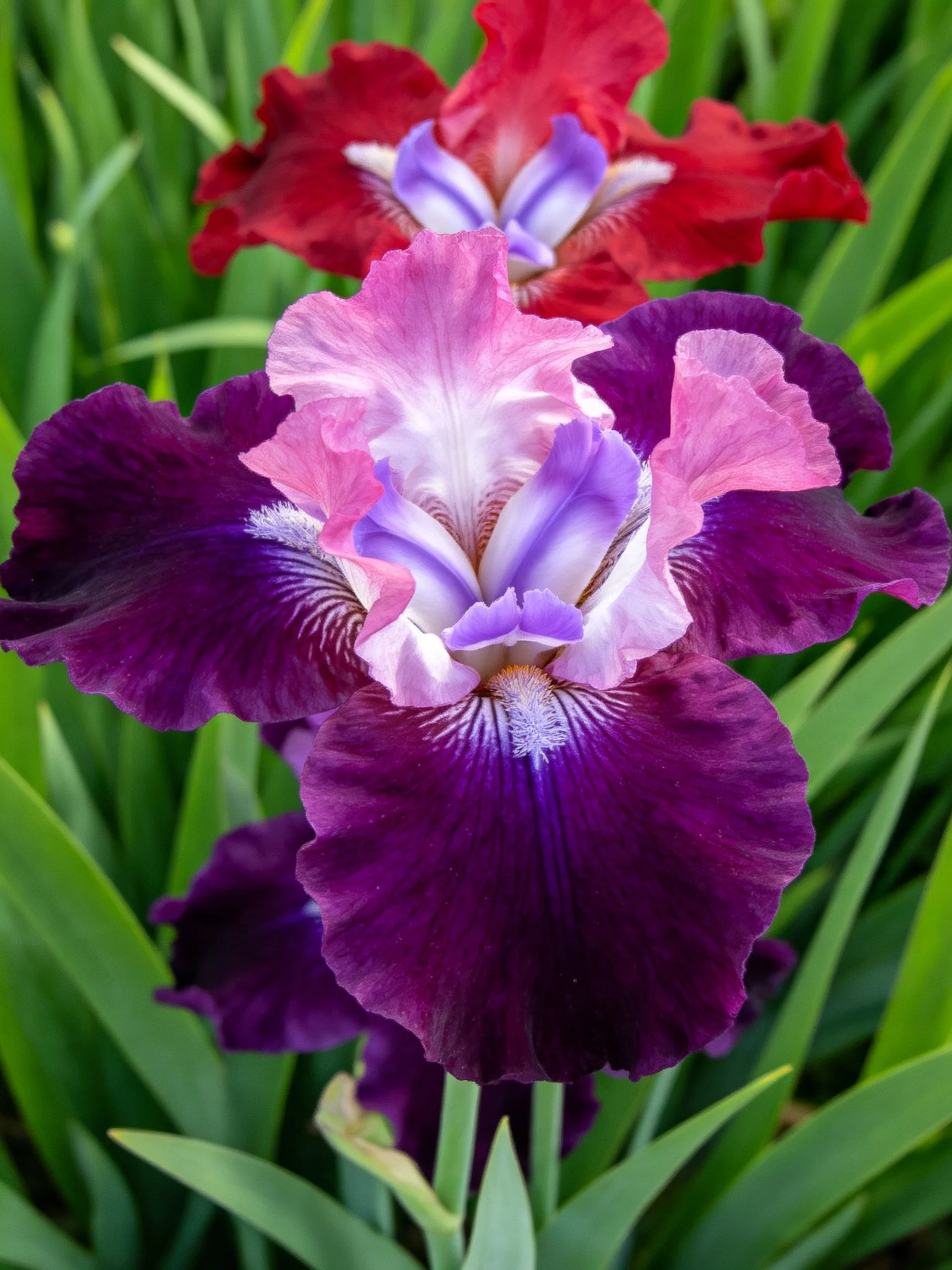 Two iris blooms with layered petals in rich colors