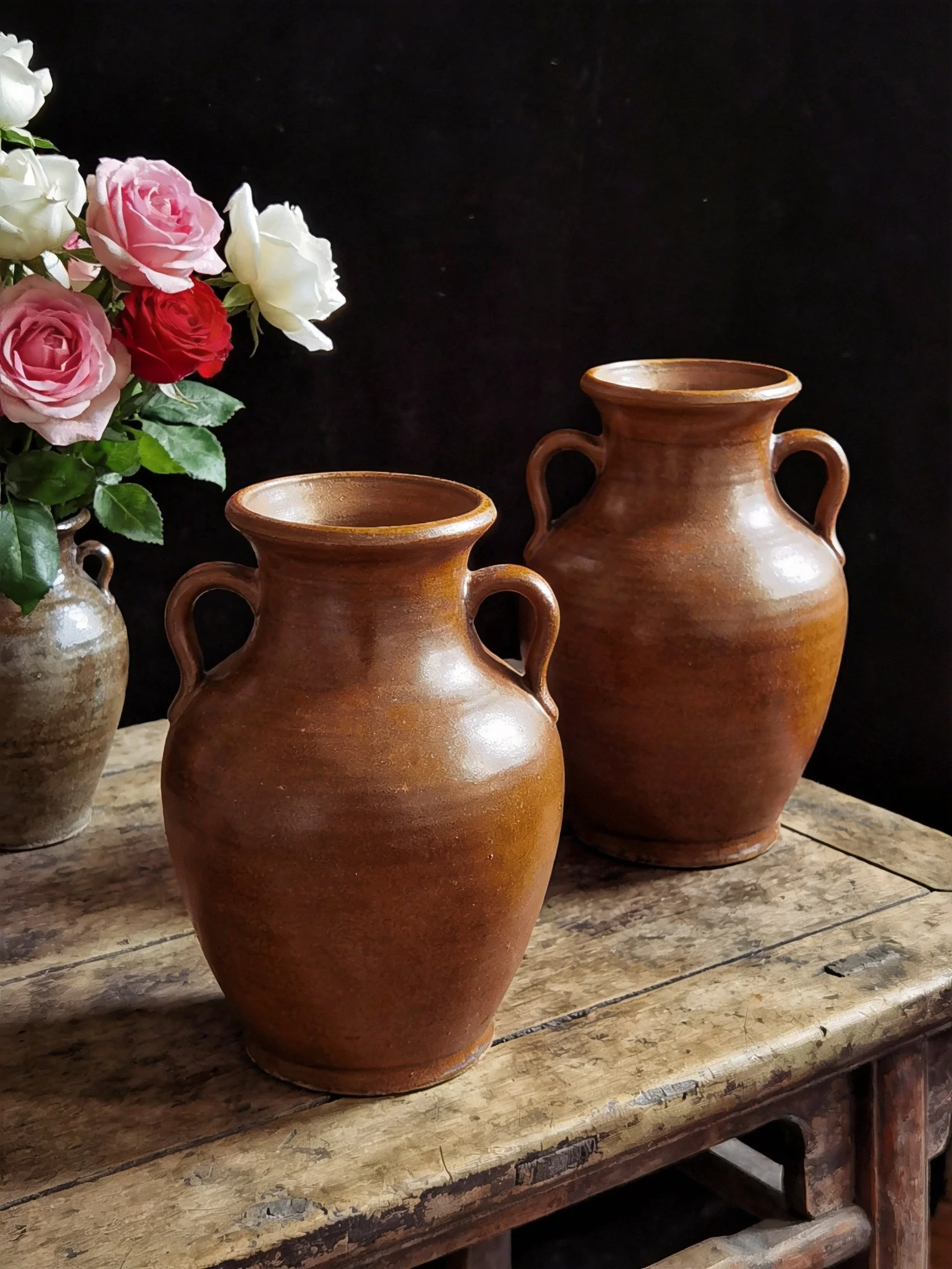 Two large brown ceramic vases and a small vase with pink, white, red roses on an aged wooden table
