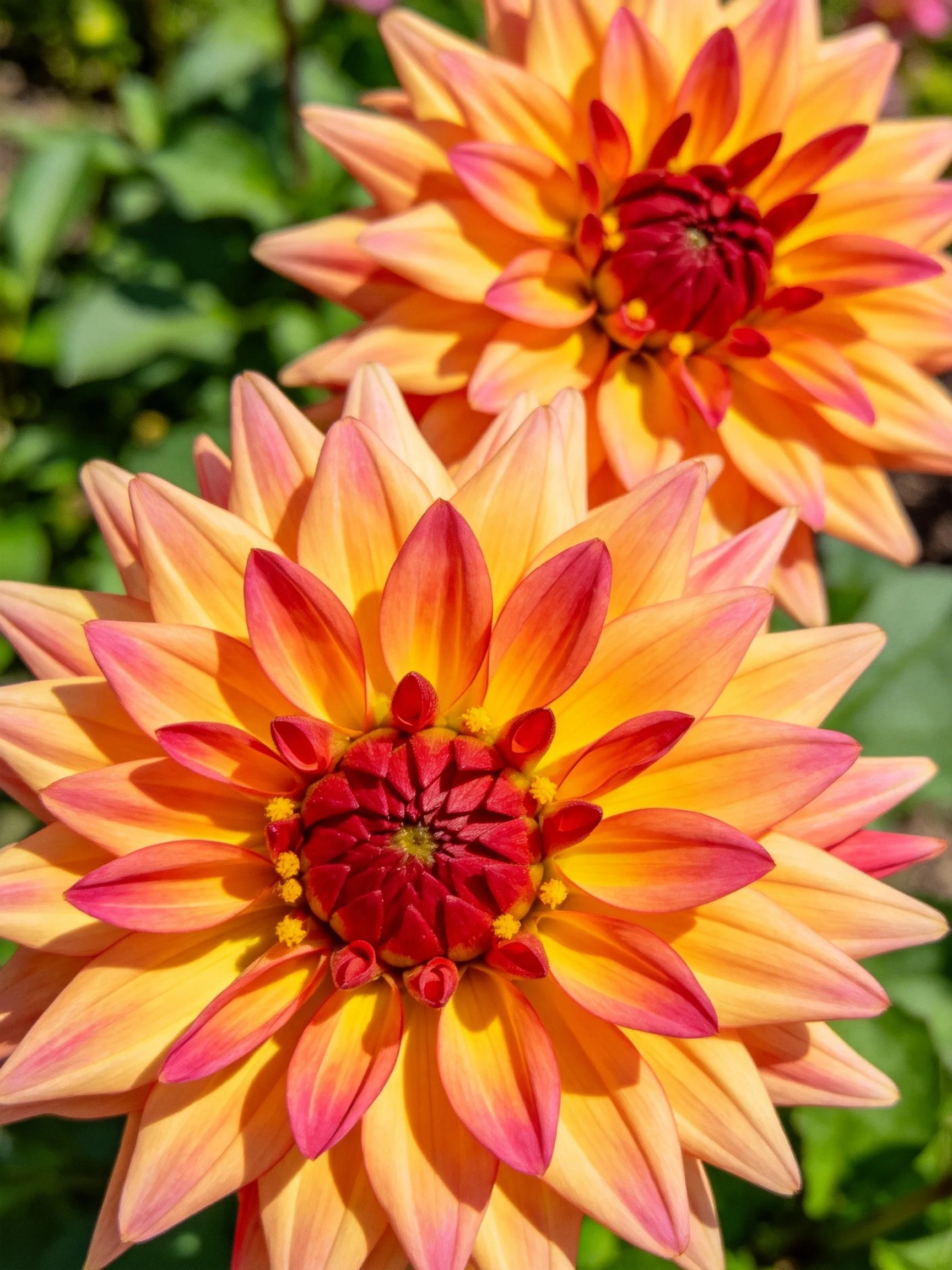 Two large dahlia blooms with orange-pink petals and red centers