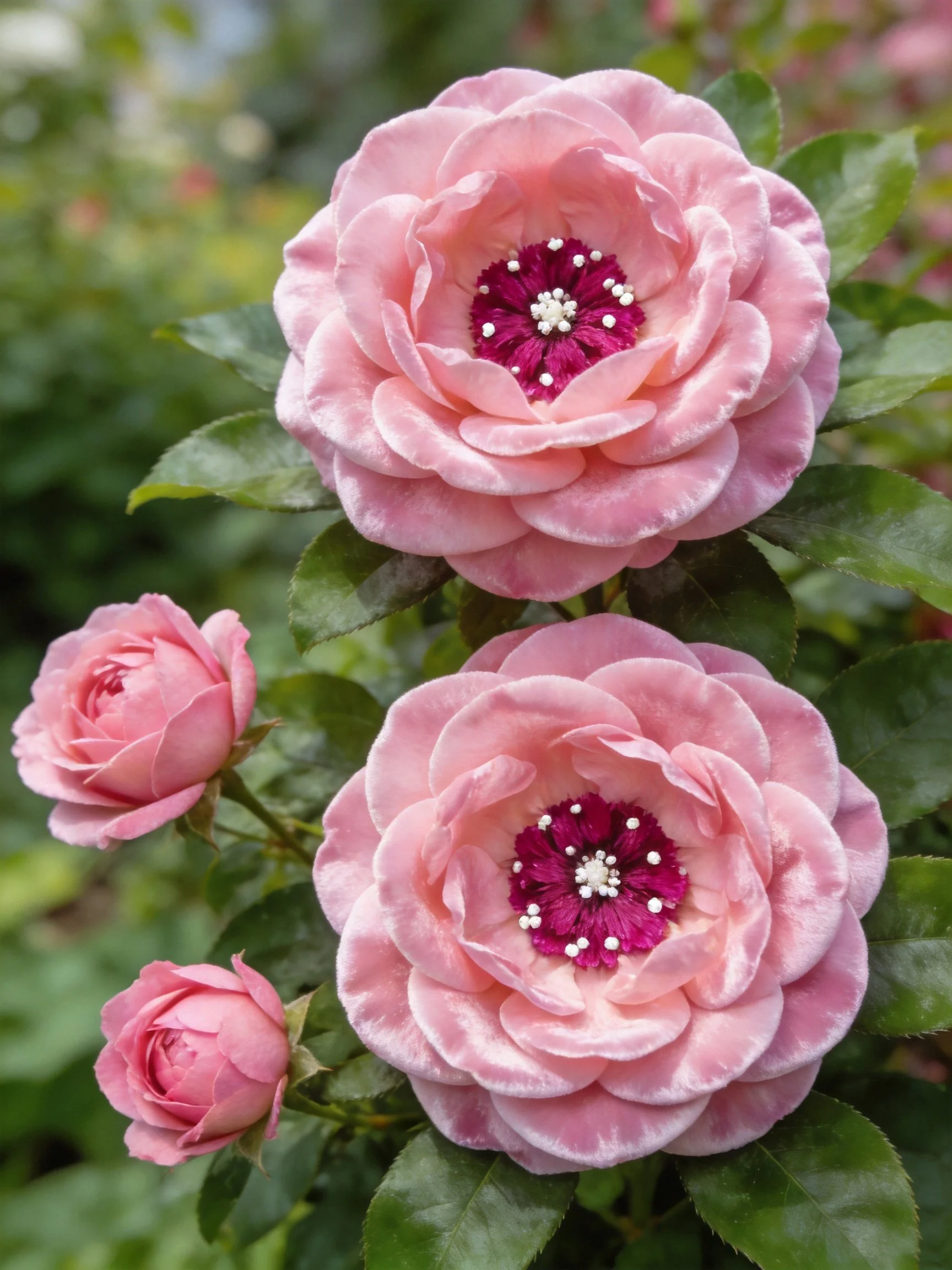 Two large pink roses and two flower buds with dark centers