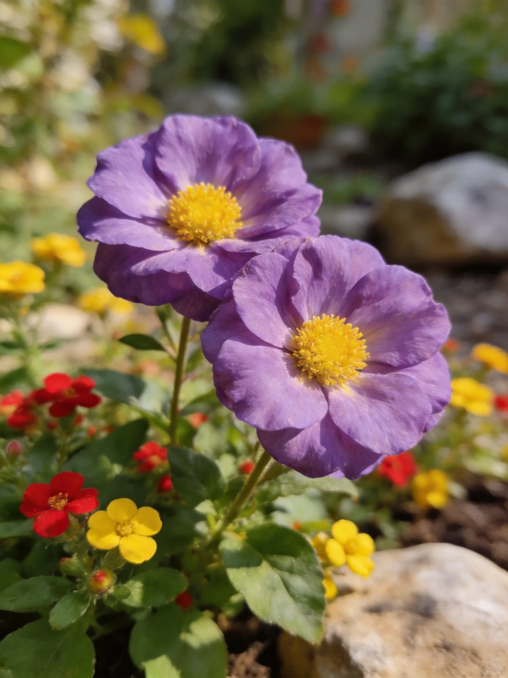 Two large purple flowers with yellow centers amid red and yellow small blooms