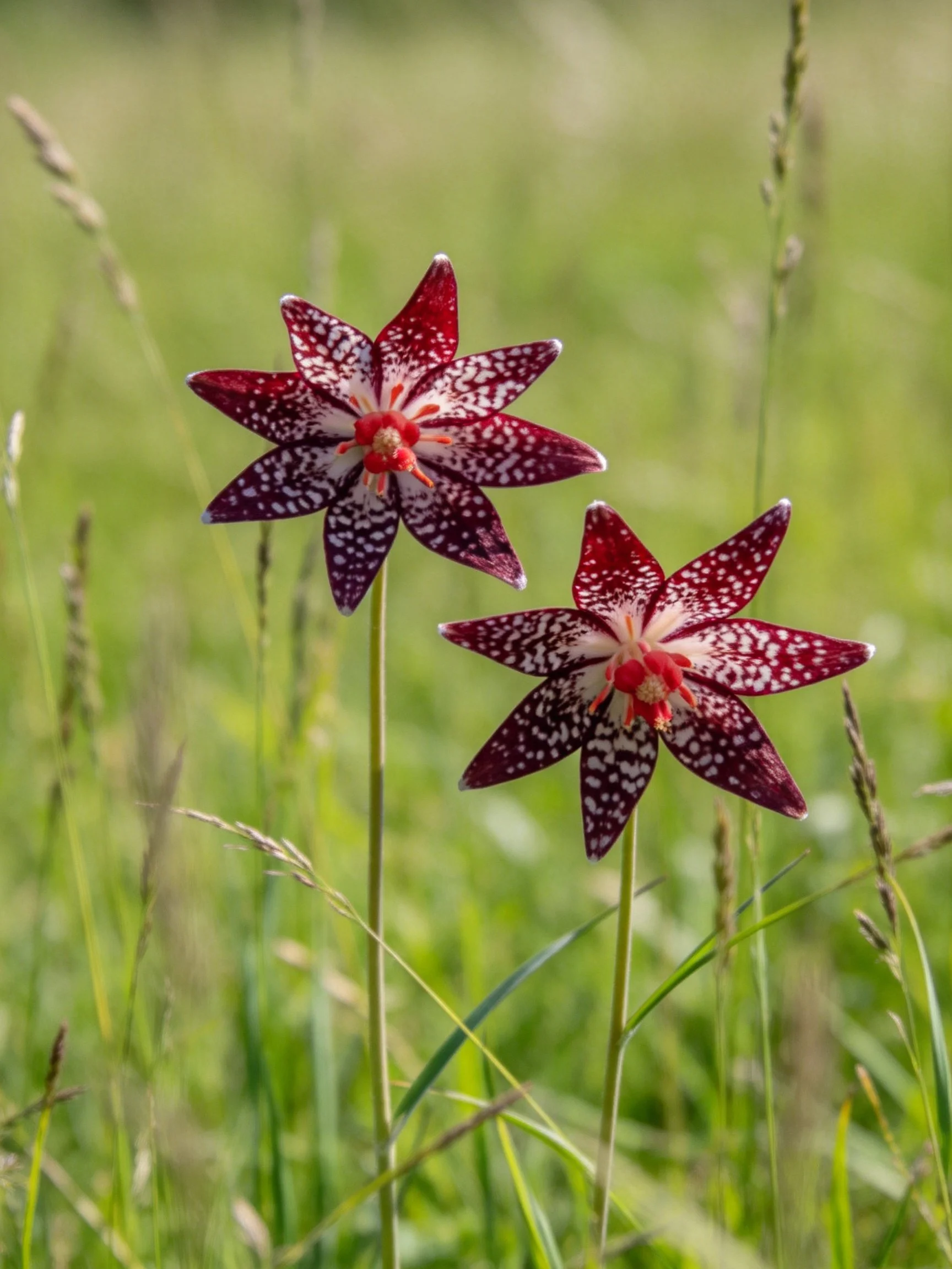 Two maroon-spotted star flowers bloom in a green meadow