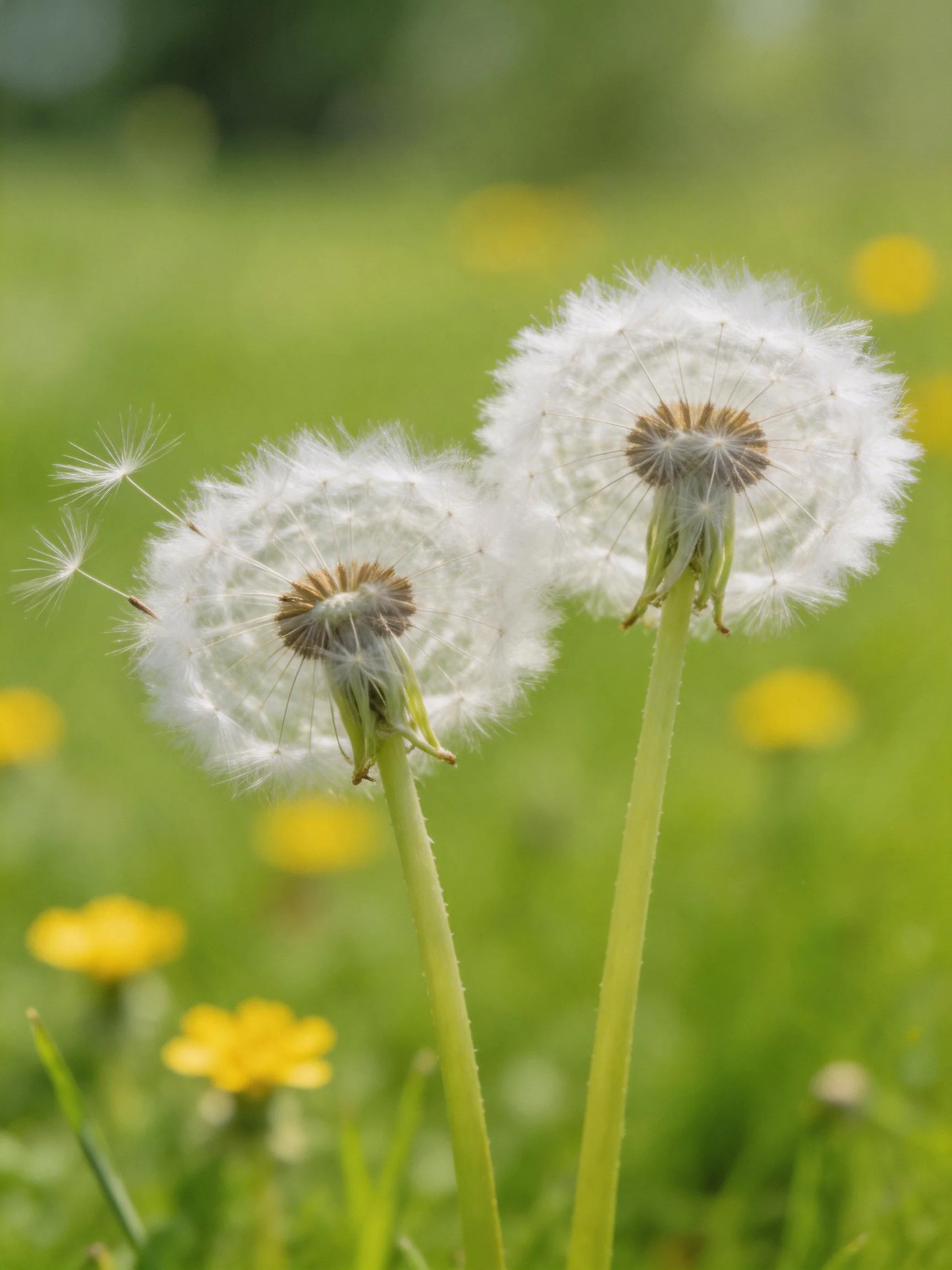 Two mature dandelion seed heads with white filaments, green stems, yellow flowers