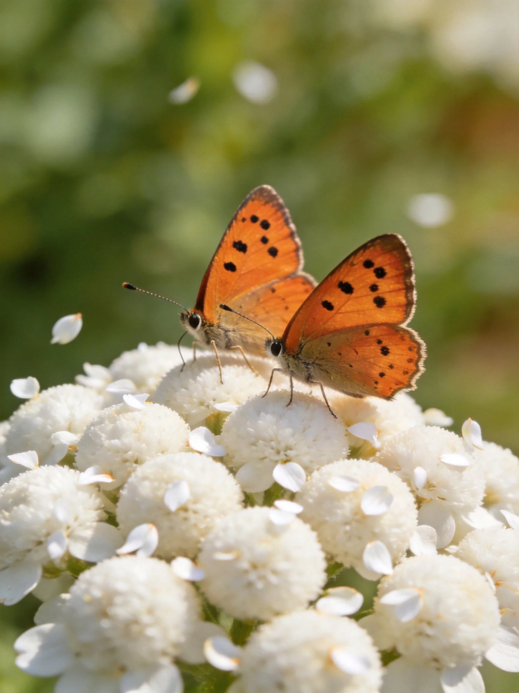 Two orange butterflies with black spots sit atop white clustered flowers