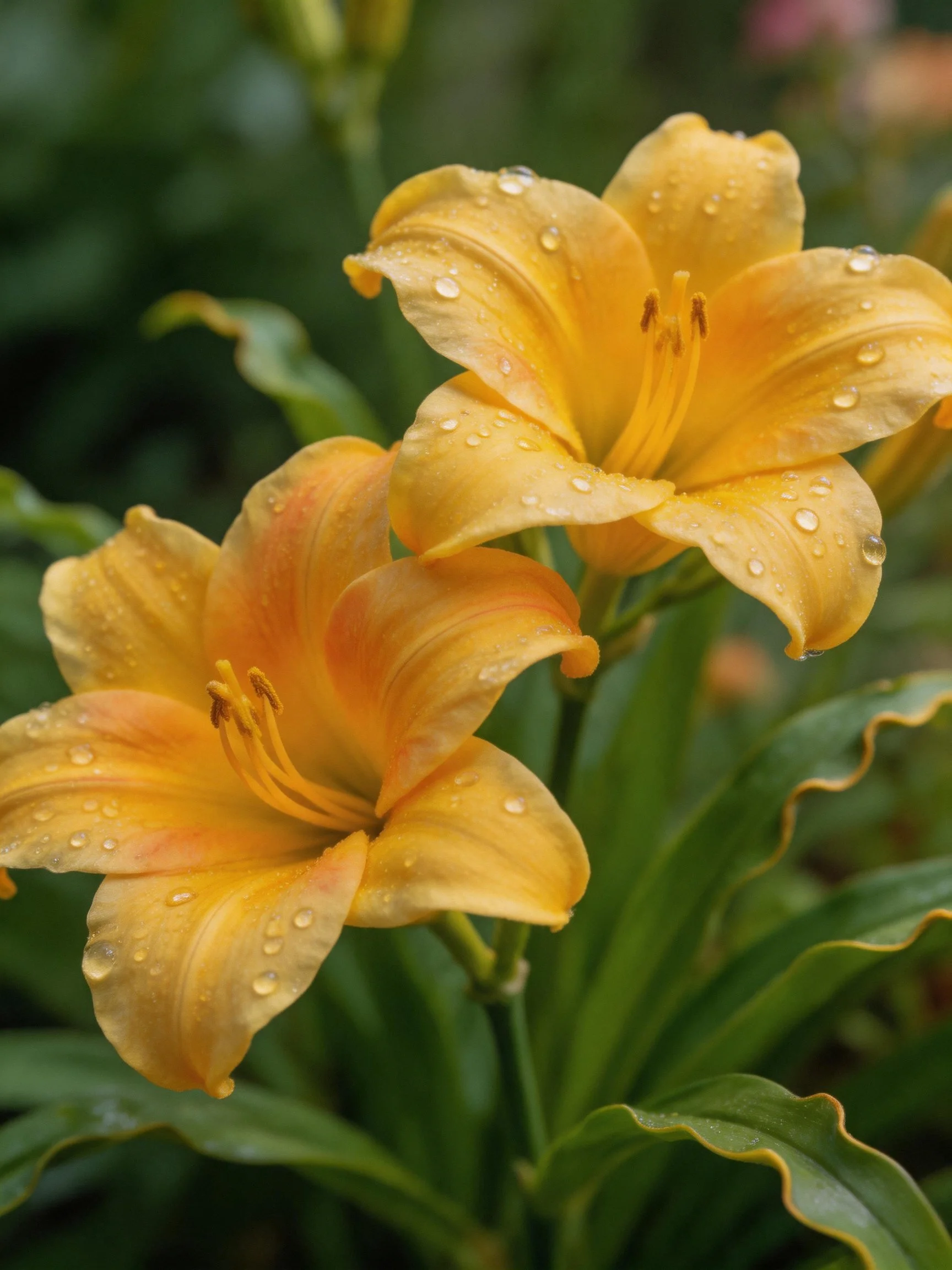 Two orange-yellow lilies with dewdrops on petals
