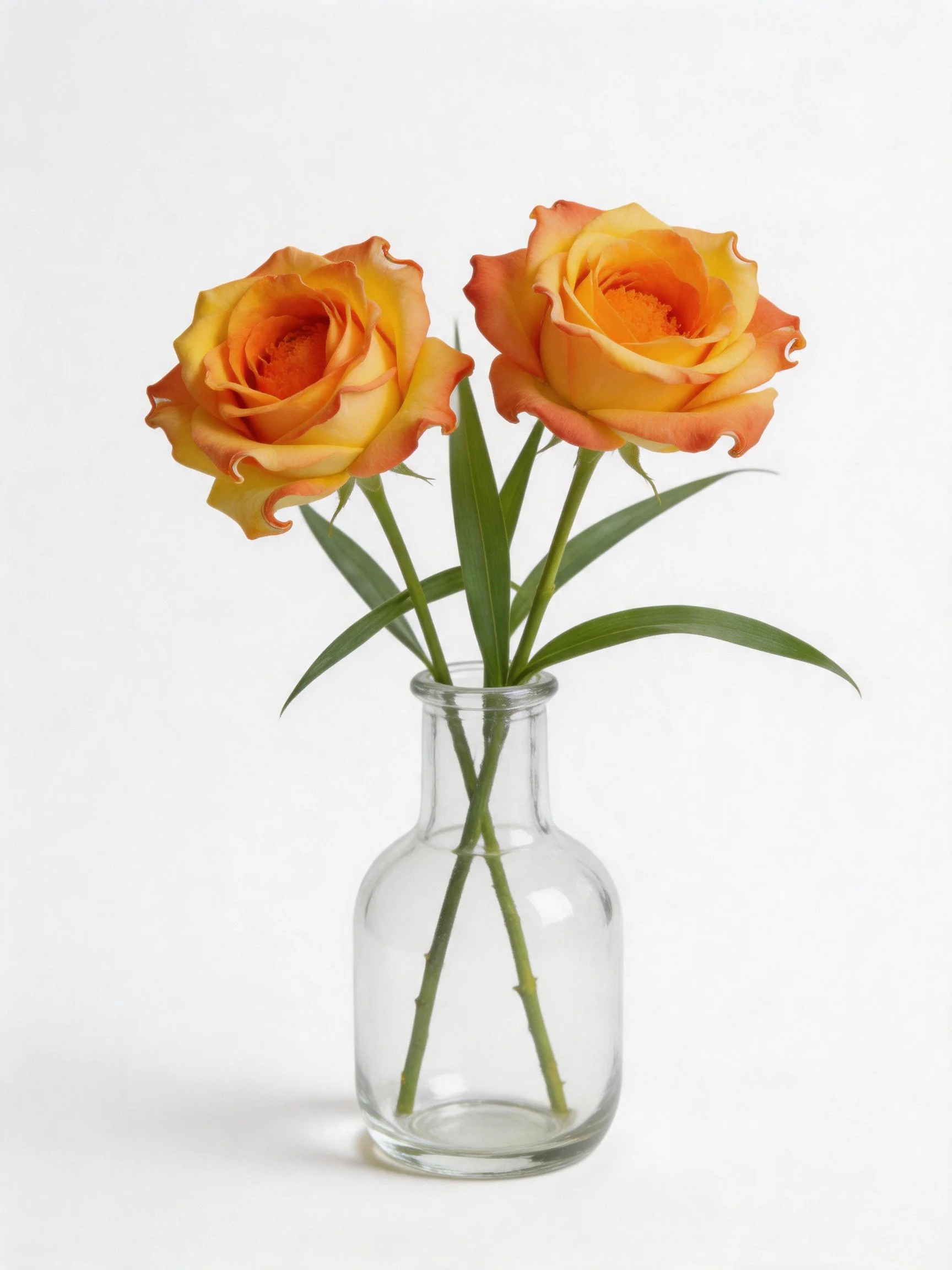 Two orange-yellow roses in a small clear glass vase